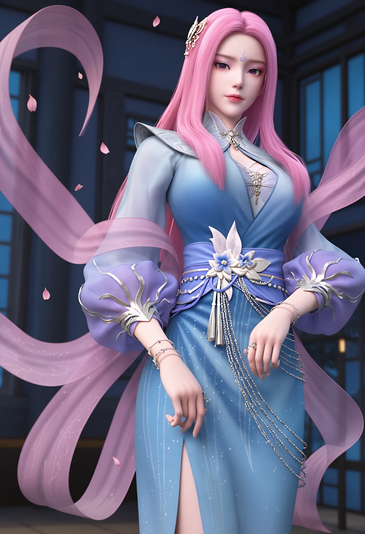 (standing full_body:1.1),looking at viewer:1.1,masterpiece,(best quality),smog,Dark room,dim lighting,peach blossom,falling petals,<lora:YQ_Illustrious光辉v5_玄月_V1:0.8>,q1528437228,1girl,long hair,pink hair,solo,forehead mark,dress,hair ornament,blue dress,jewelry,sash,purple eyes,bracelet,pink eyes,shawl,long sleeves,hagoromo,