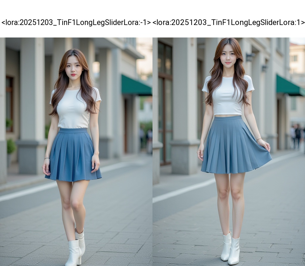 <lora:20251203_TinF1LongLegSliderLora:-1>,HDR photo of cinematic film still, A young woman with long brown hair wearing a short white boatneck and blue pleated skirt, white series ankle boots, looking at viewer, outdoors,