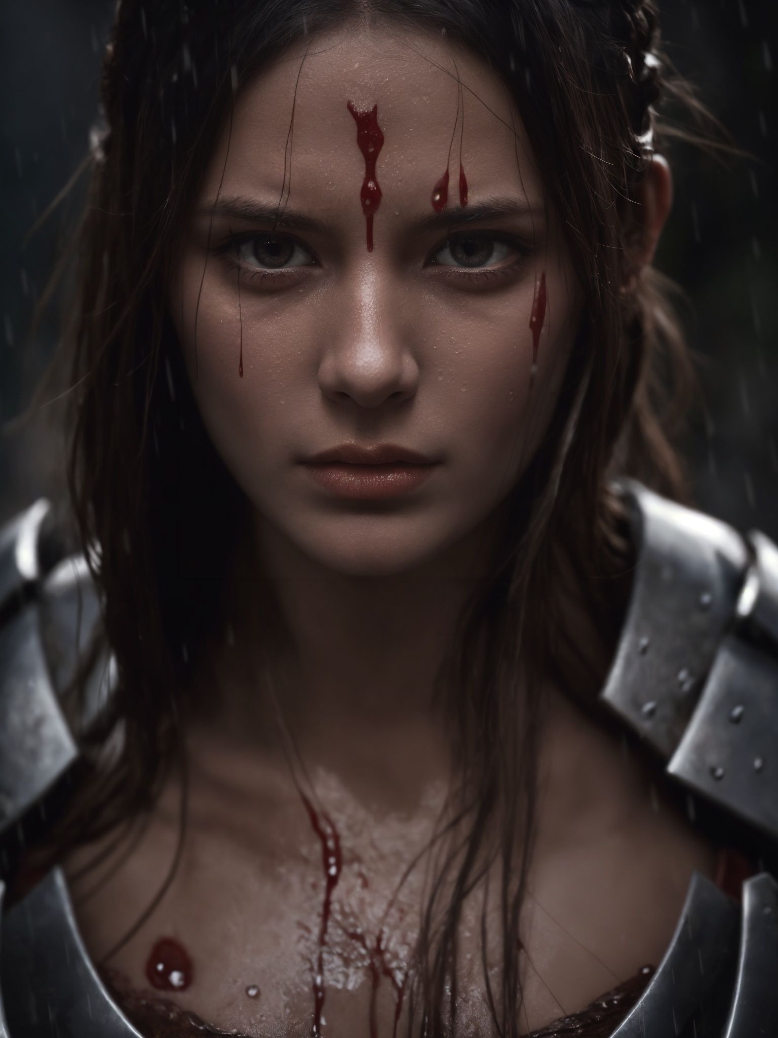 Epic cinematic illustration of a Spartan warrior standing resolute in the pouring rain,looking at the camera,close up,evoking the grandeur of Gladiator,soaked in blood,undamaged details,while rendering with dynamic lighting,sweeping camera angles,and intense emotional depth,cinematic background,