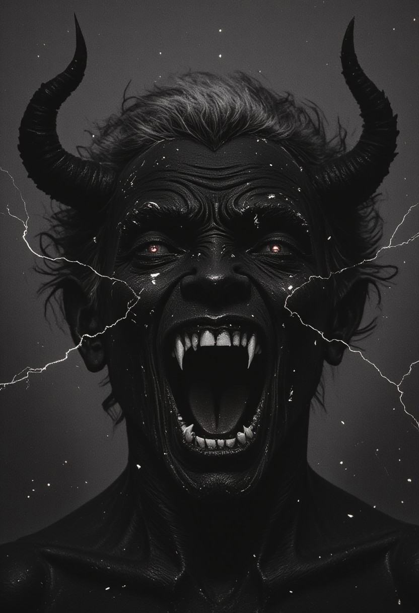Painting by Russian artist Vladimir Shulzhenko (a black demon with an open mouth with almond-shaped eyes,  white sparkling...