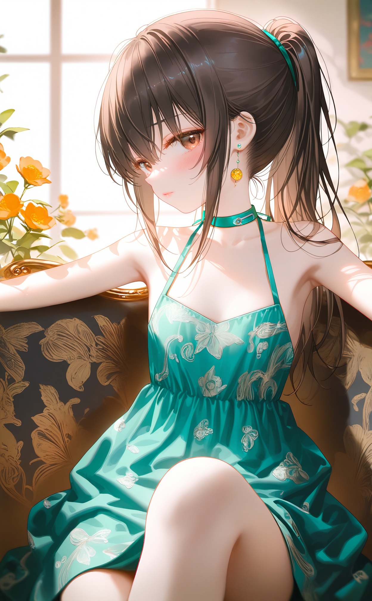 masterpiece,very aware,highres,absurdres,newest,best quality,loli,petite,high quality,chromatic_aberration,//,1girl, solo, armpits, blurry background, blurry, brown hair, dress, arm up, brown eyes, jewelry, earrings, green dress, looking at viewer, breasts, depth of field, sitting, indoors, ponytail, lips, sleeveless dress, green choker, halterneck, halter dress, flower, closed mouth, sleeveless, blush//,//,photorealistic,Artist:na-ga,(quasarcake:0.2),(wanke:0.9),[Artist:chen bin],Artist:tidsean,[Artist:sk (askzy)],(artist:tokkyu:0.5),(artist:momoko \(momopoco\):0.5),himitsu_(hi_mi_tsu_2),//,<lora:nyalia——【noob】hans:0.7>,<lora:guizhencao——【noob】hans:0.4>,<lora:shaoyan2——【noob】hans:0.6>,