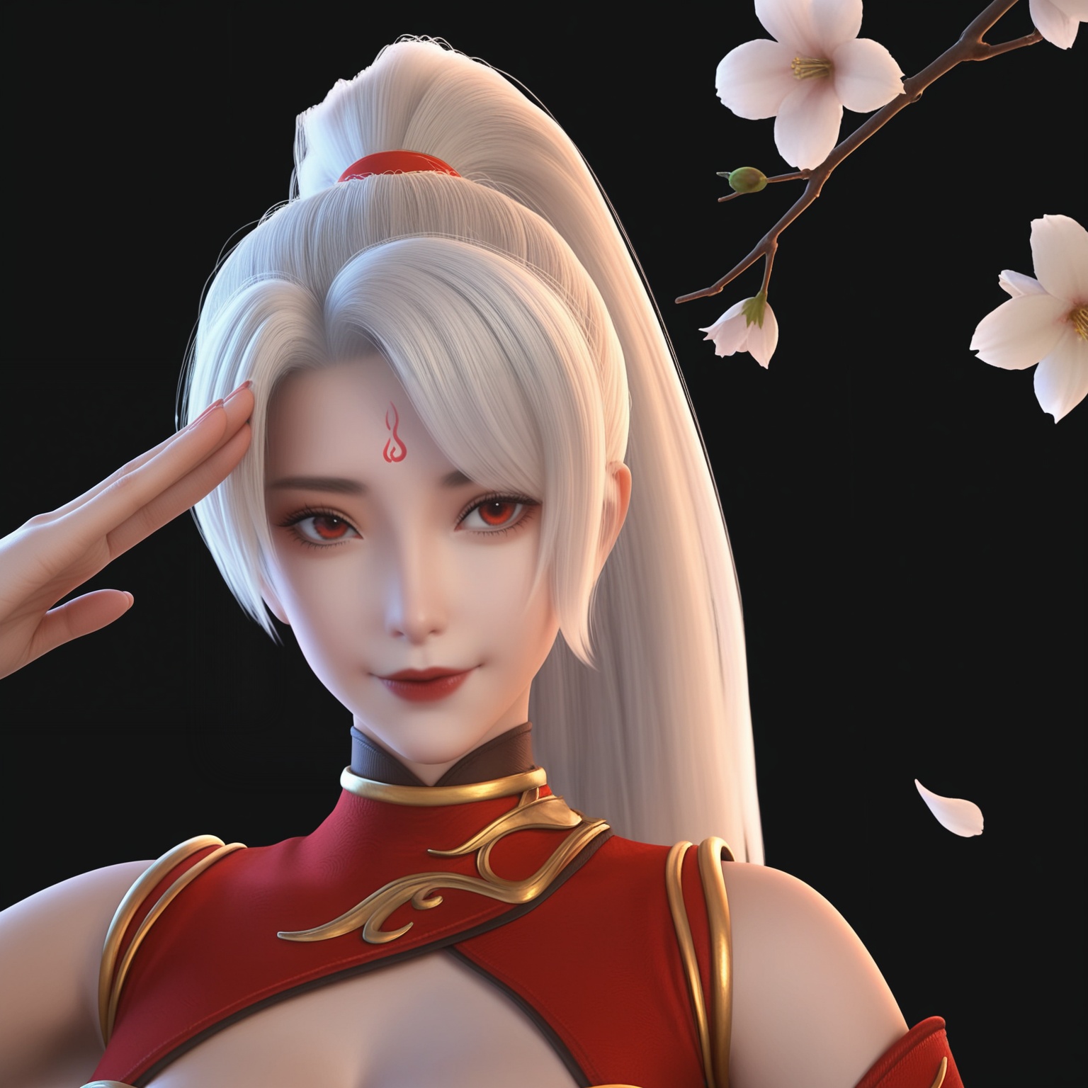 (score_9),masterpiece,best quality,absurdres,highres,BREAK(glamor:1.1),slender,white_skin,(fair_skin:1.1),collarbone,(large breasts),puffy chest,cleavage,<lora:焰羽-ill:0.83>,yanyu,1girl,solo,long hair,white hair,ponytail,hair rings,red eyes,forehead mark,red dress,high collar,light blush,(seductive_smile:1.1),looking at viewer,(upper body),(salute:1.1),face_foucs,front view,BREAKblack background,branch,twig,rim light,Cinematic Lighting,Volumetric Lighting,Tyndall effect,flower,falling petals, 