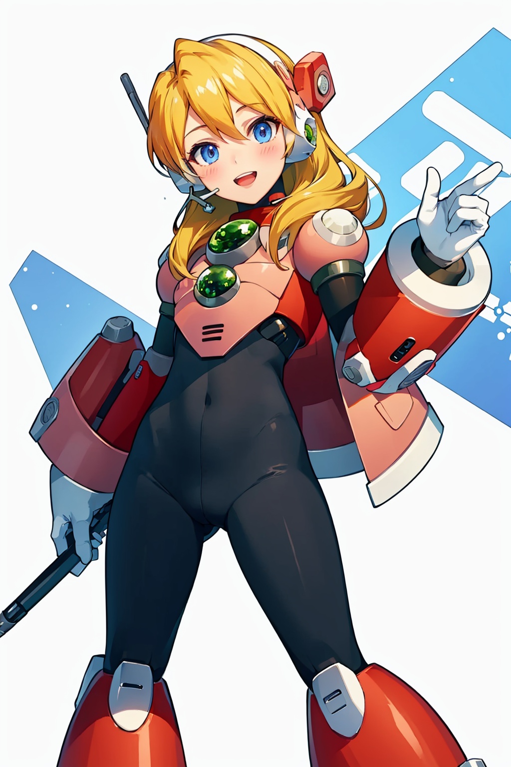 masterpiece,best quality, highly detailed, 1girl,alia (mega man),android,headset,looking at viewer,solo,white gloves,armor,bodysuit,smile,open mouth,parted lips,simple background,white background,blush,standing,teeth,<lora:alia_(mega_man):1>