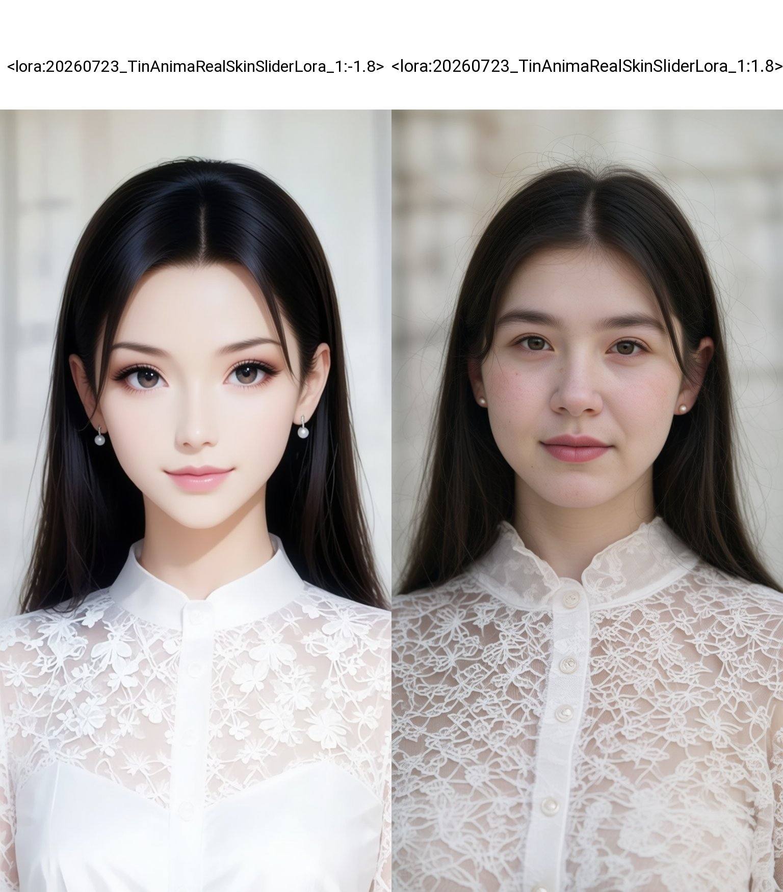 A young Asian woman with fair skin and long,  straight black hair. She has delicate features,  wearing a white lace blouse...