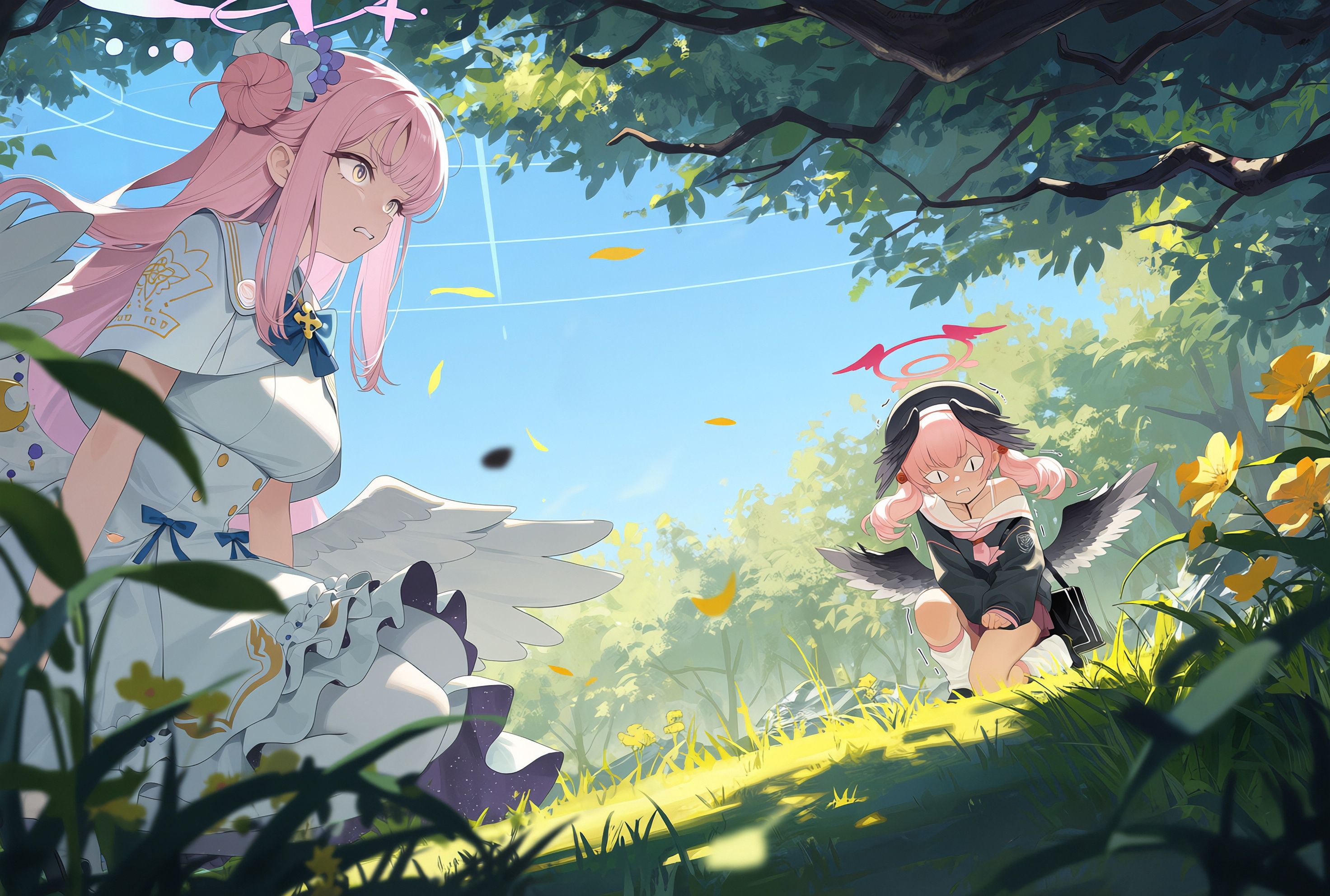 score_8,  score_7,  Lush foliage and fluttering petals frame the foreground as sunlight pierces through heavy tree branche...