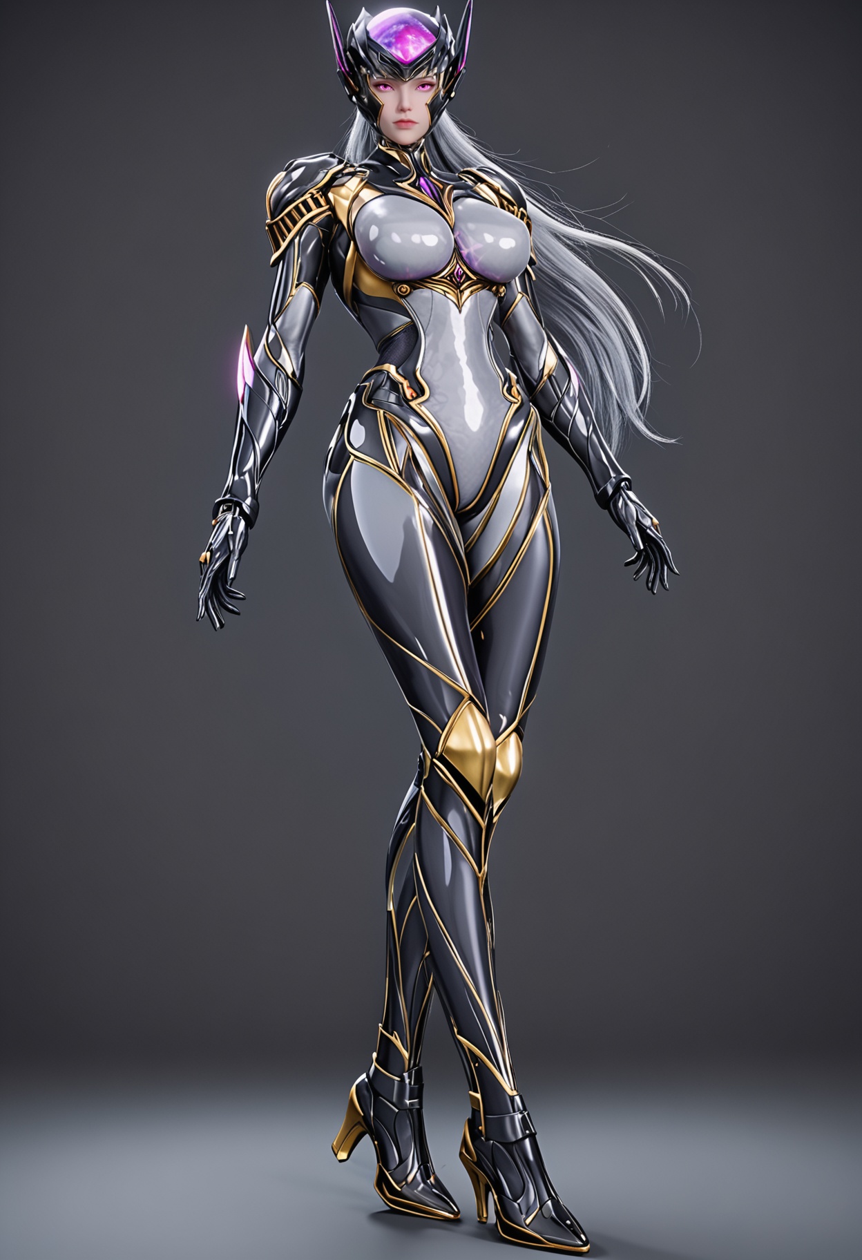 (looking_at_viewer:1.2),(full_body:1.1),(gigantic breasts:0.6),(slender:1.2),facing viewer,<lora:YQ_pony_meinv_V4:0.8>,q1528437228,1girl,solo,helmet,armor,purple eyes,bodysuit,long hair,pink eyes,shoulder armor,black high heels,purple hair,black hair,grey hair,(simple background,pure black background,black background:1.1),perfect_anatomy,