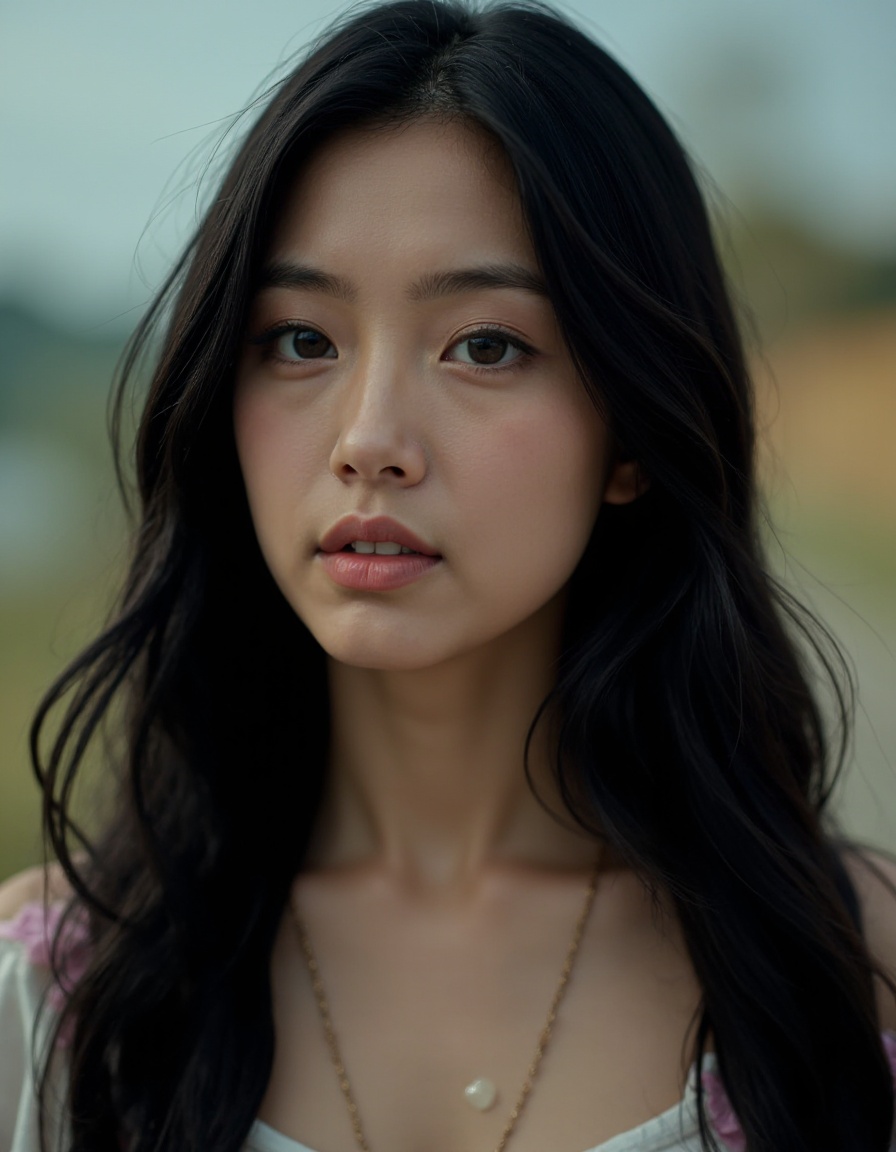 HDR photo of cinematic film still, 1girl, small mouth, solo, black long hair, jewelry, necklace, outdoors,
