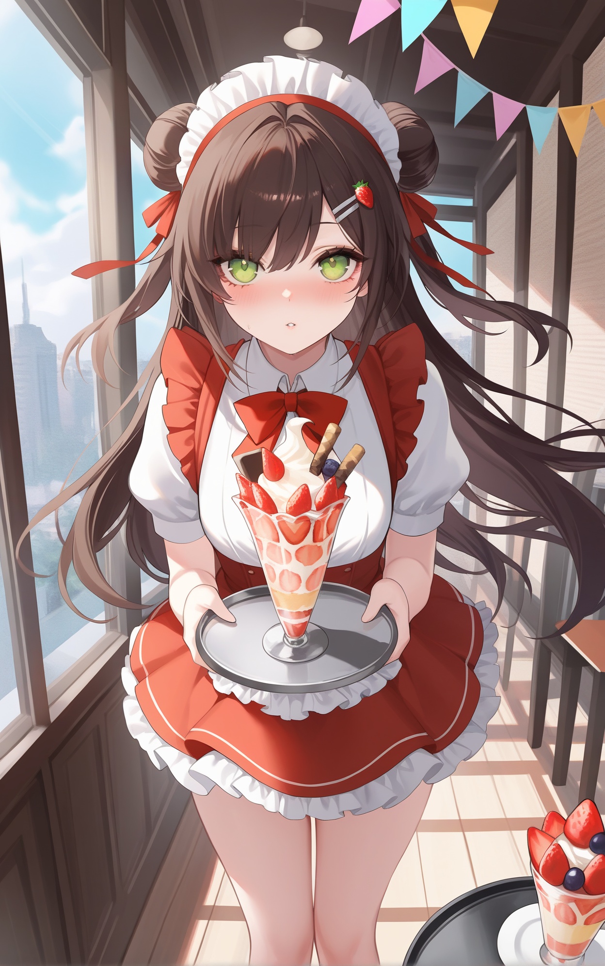 msk,CG rendering,ka ra ra ge tsu ne,gwwj,key999,masterpiece,best quality,very aesthetic,extremely delicate and beautiful,huge filesize,amazing quality,32K UHD,ultra-detailed,photorealistic skin,depth of field,8k,(sheya:0.4),(Qiandaiiu:0.3),(koahri:0.4),sexy,(MeIoN:0.4),(wumai:0.4),(ssr:0.7),(SG:0.9),(netural:0.6),(Fungi:0.3),(ABPART:0.8),(D. I .S.H:0.6),(sorananiiro:0.4),(san:0.3),((eichi)_nagatochi:0.9),mature_female,(torino:0.2),glamor,wallpaper,cosplay,cinematic_angle,real,(by Devilworld:0.3),clear,cute,bishoujo,kawaii,nsfw,newest,latest,(hitokomoru:0.4),(miyuki:0.8),beautiful detailed eyes,beautiful detailed lips,extremely detailed eyes and face,delicate features,graceful pose,ethereal atmosphere,soft lighting,enchanting,illustration,anime style,vivid colors,sharp focus,professional,extreme detail description,ZX light,masterpiece,best quality,very aesthetic,extremely delicate and beautiful,Noise and grain,huge filesize,amazing quality,foreshortening,cinematic_angle,//,1girl, food, brown hair, solo, holding, green eyes, double bun, long hair, fruit, hair bun, strawberry, looking at viewer, maid headdress, waitress, tray, short sleeves, indoors, skirt, polka dot, red skirt, hair ornament, blush, shirt, window, bag, holding food, holding tray, ribbon, white shirt, wooden floor, floating hair, puffy short sleeves, puffy sleeves, bow, hairclip, frills, hair ribbon, day, parfait, pennant, standing