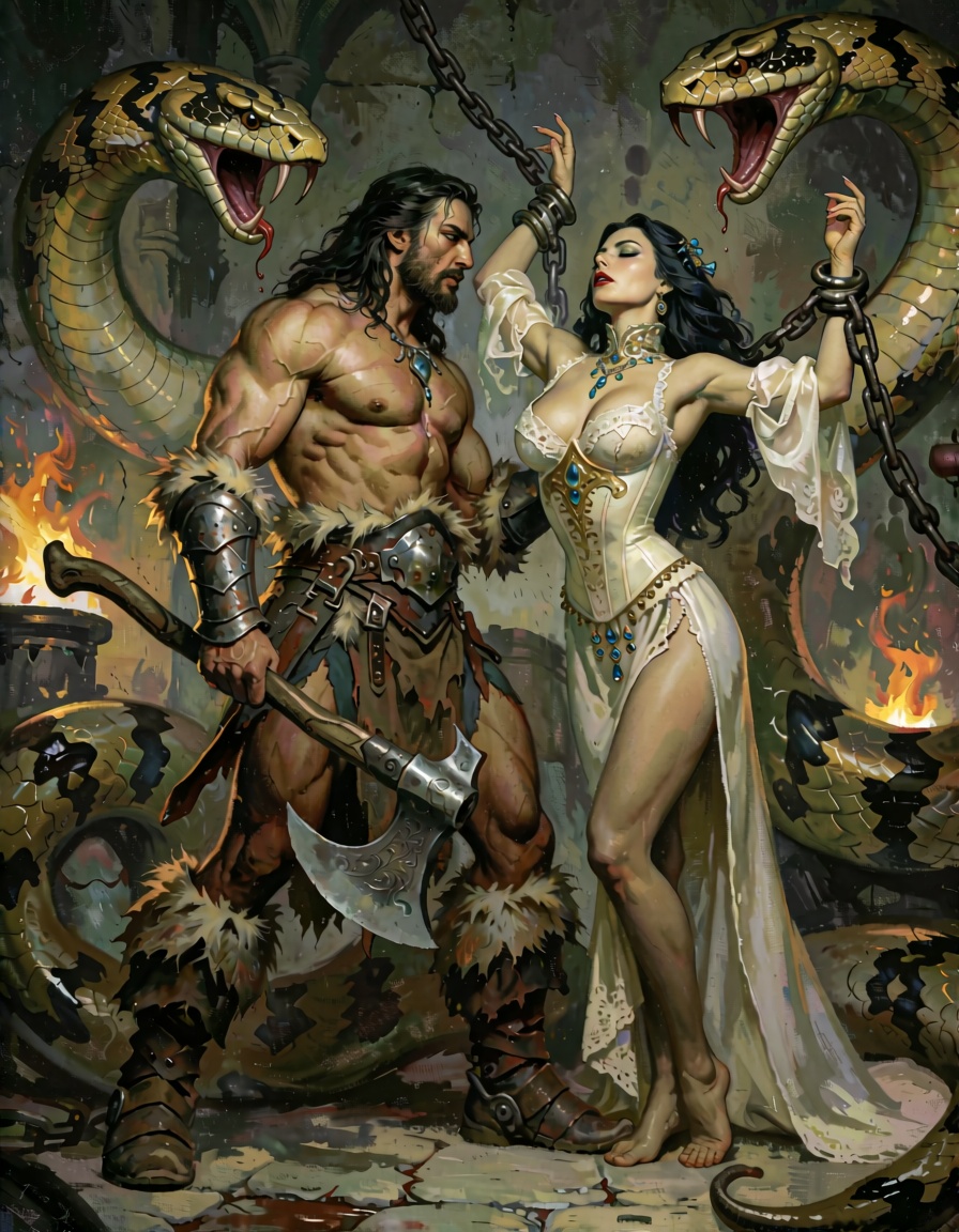 In a dimly lit stone dungeon bathed in the flickering glow of torchlight and shadowy embers,  a towering,  muscular warrio...