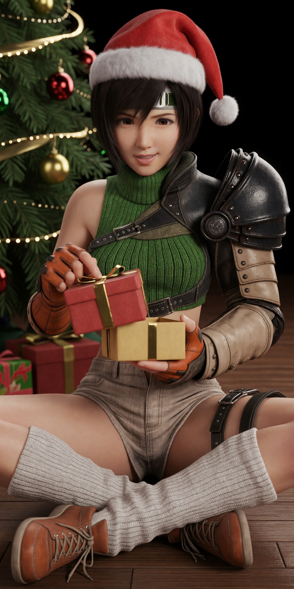 a still image of yuffie7,  she is a young woman with short dark hair,  She is wearing a green crop top on Tensor.Art