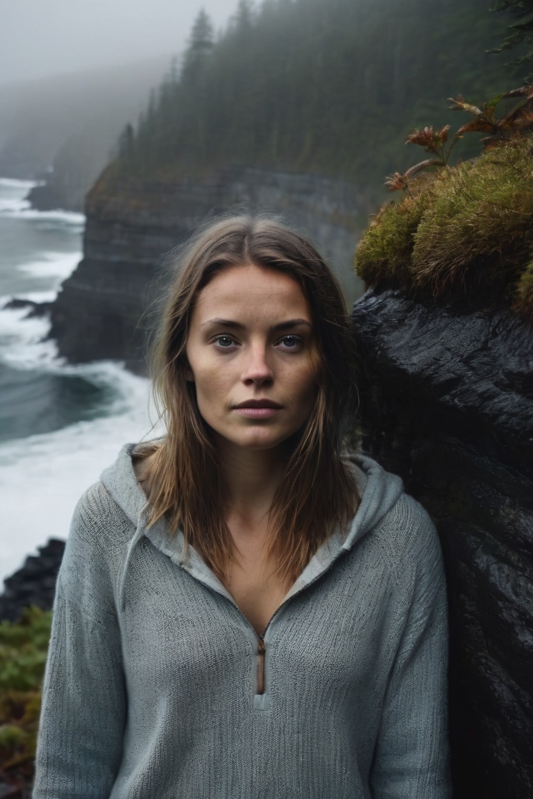 of Young ***** on cliff front side raining ocean at bottom of cliff dark foggy forest background,  mythical view of girls...