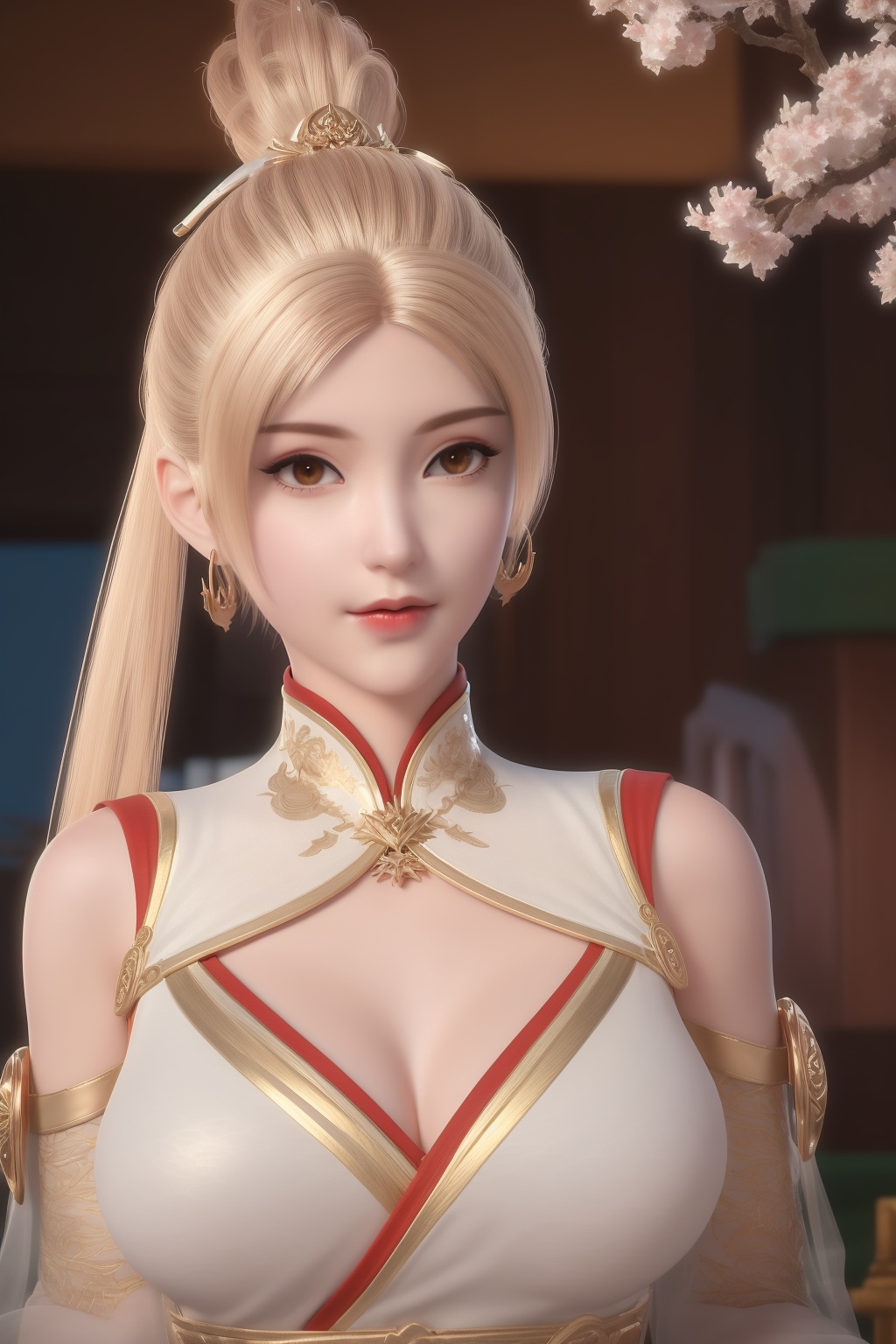 (8k, RAW photo, best_quality),(masterpiece:1.2),(realistic:1.2),(photorealistic:1.3),(ultra-detailed),(extremely_detailed_cg_8k_wallpaper),(crystal_texture_skin:1.3),(shiny:1.2),(shiny_skin:1.4),(extremely_delicate_and_beautiful),petals,flower,sky,cherry blossoms,falling petals,fair skin,shenfengXiaoNingEr,1girl,solo,dress,chinese clothes,clothing cutout,torogao,breasts,large breasts,lipstick,blonde hair,standing,jewelry,hair ornament,earring,necklace,realistic,looking at viewer,<lora:shenfengXiaoNingEr_20240716085820-000004:0.7>,