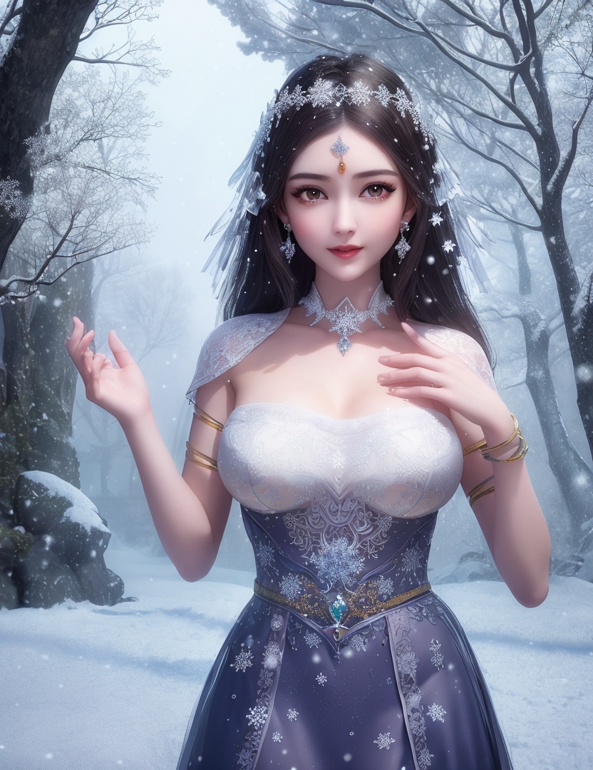 ultra realistic 8k cg, flawless, clean, masterpiece, professional artwork, famous artwork, cinematic lighting, cinematic bloom, perfect face, beautiful face, fantasy, dreamlike, unreal, science fiction,   lace, lace trim, lace-trimmed legwear, luxury, jewelry, diamond, gold, pearl, gem, sapphire, ruby, emerald, intricate detail, delicate pattern, charming, alluring, seductive, erotic, enchanting, hair ornament, necklace, earrings, bracelet, armlet,halo,autumn,((,1girl, pov,best quality, ))  , ((((1girl, solo,outdoors, large breasts,,snowflakes,  snow, snowing,   ))))    <lora:DA_BaiCai:0.6>