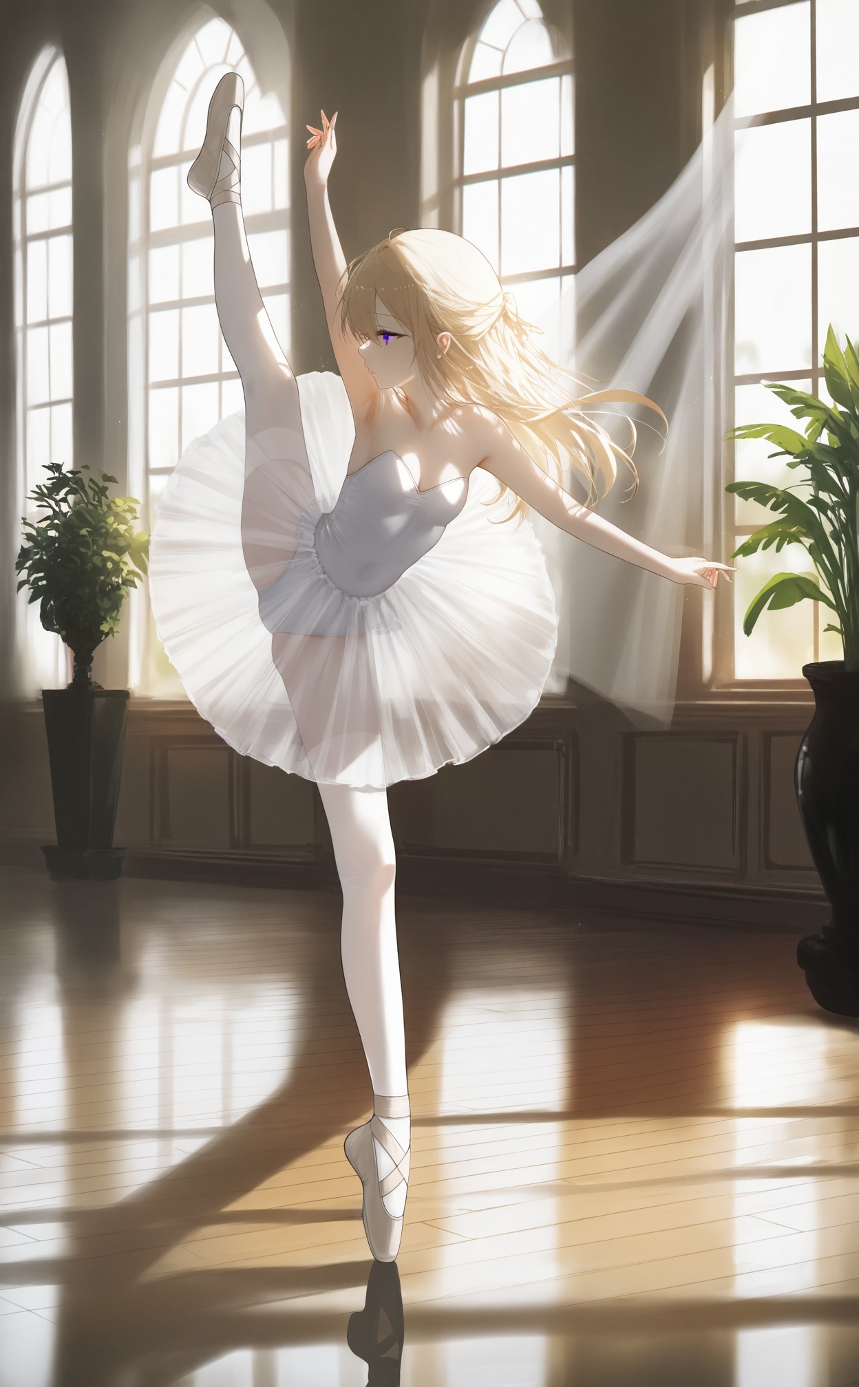 masterpiece,absurdres,best quality,((petite)),loli,high quality,chromatic_aberration,shiny_skin,//,1 girls,ballerina,dancing,ballet,ballet slippers,curtains,indoors,blonde hair,window,tiptoes,plant,tutu,potted plant,leotard peek,leotard,pantyhose,reflection,long hair,standing on one leg,standing,breasts,plantar flexion,reflective floor,balancing,wooden floor,sunlight,arm up,day,white leotard,chandelier,thighhighs,bare shoulders,strapless,leg up,dress,//,very aesthetic,absurdres,newest,masterpiece,safe,amazing quality,(nasii:0.4),(toosaka asagi:0.4),(atdan:0.4),(iumu:0.72),(wlop:0.72),96YOTTEA,Konya Karasue,omone_hokoma_agm,//,official art,depth of field,detailed light,blurry background,best shadow,shiny skin,cinematic lighting,ray tracing,amazing quality,very aesthetic,absurdres,beast quality,ultra detailed,newest,8K,HDR,