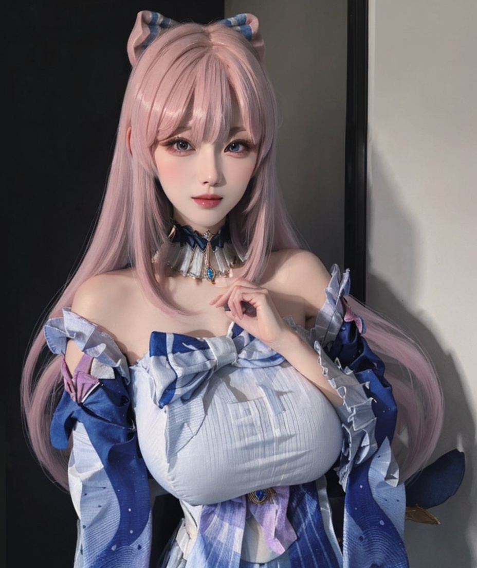 (masterpiece, best quality:1.4),finely detailed,1girl,solo,pale skin,perfect body,glossy skin,sangonomiya kokomi,pink hair,thighhighs,bow-shaped hair,long hair,bangs,wide sleeves,frills,frilled sleeves,white thighhighs,multicolored hair,bare shoulders,vision (genshin impact),<lora:心海-000006:0.8>,<lora:killer完美脸型3-000006:0.7:mb>,(close-up photo),(upper body photo:1.1),(gigantic breasts:1.3),