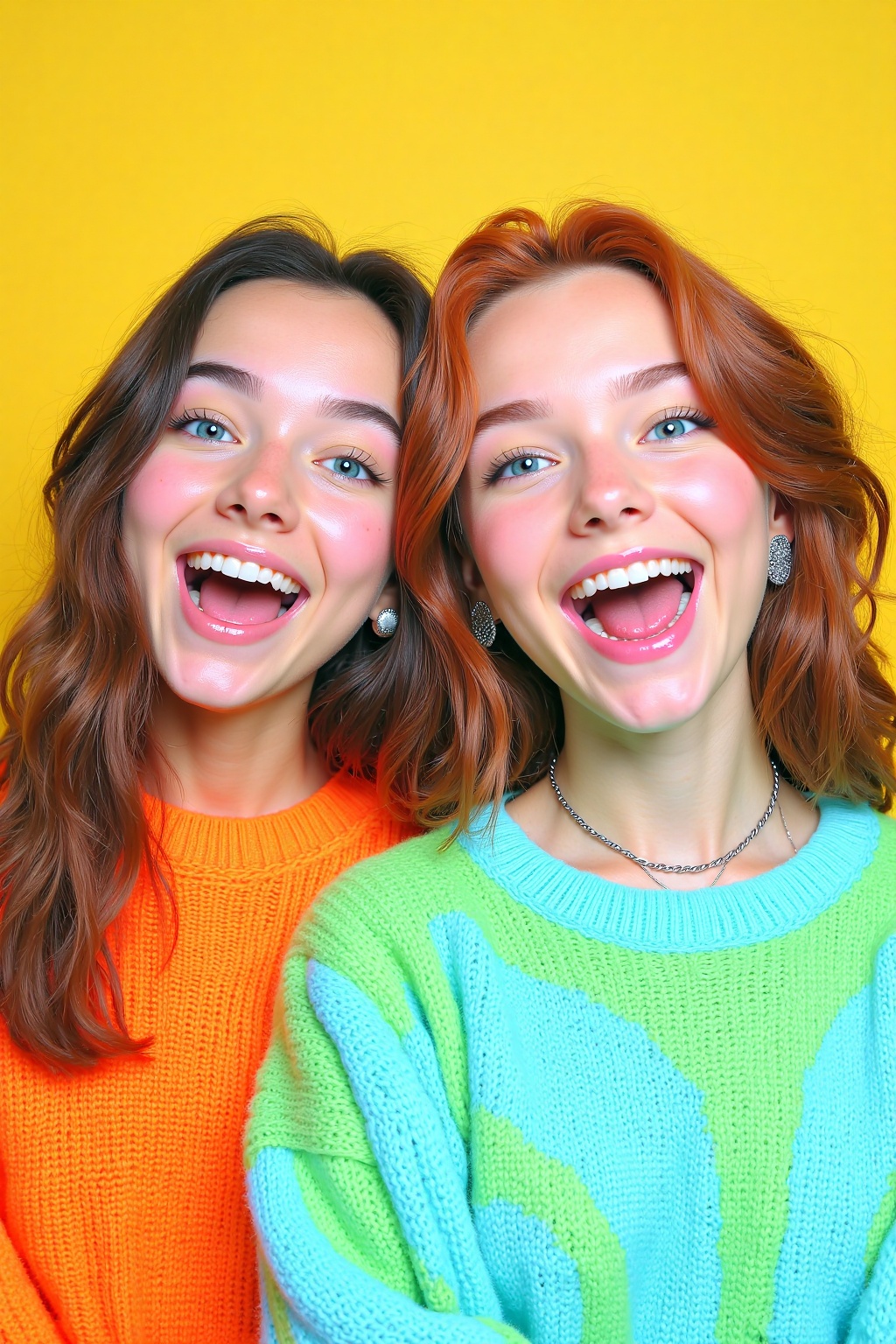 beijihui,two young women, are smiling and posing for a close-up shot. The woman on the left is wearing an orange sweater, while the other woman is wearing a light blue sweater. Both women have long brown hair, and blue eyes. They are wearing silver earrings, and a silver necklace. The background is a bright yellow, adding a pop of color to the scene.