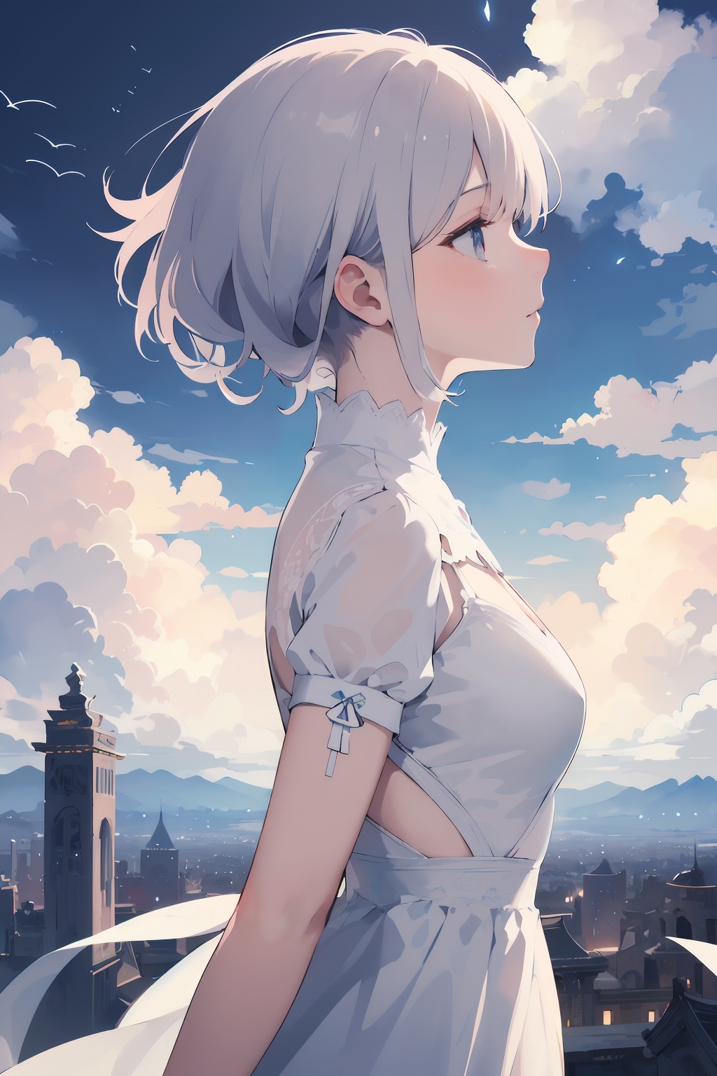 (1girl,(upper body),(double exposure of ancient sky city and cloud:1.25),multiple exposure,highly detailed,by wlop),from side,//,1girl in a white dress made of cloudy wind,white wings,fantastic wind,flowing cloud,cloud sea,