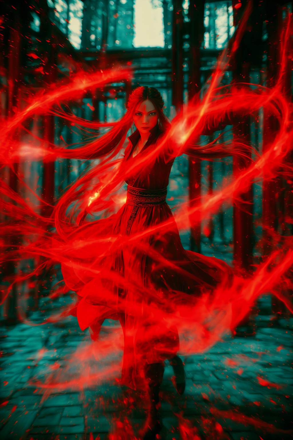 dancing,fighting stance,red-aura,using red-magic,red-magic,1girl,solo,long hair,blue eyes,common face,full body,<lora:magic_fighting_red_512_dreamshaper_8_2:0.8>,