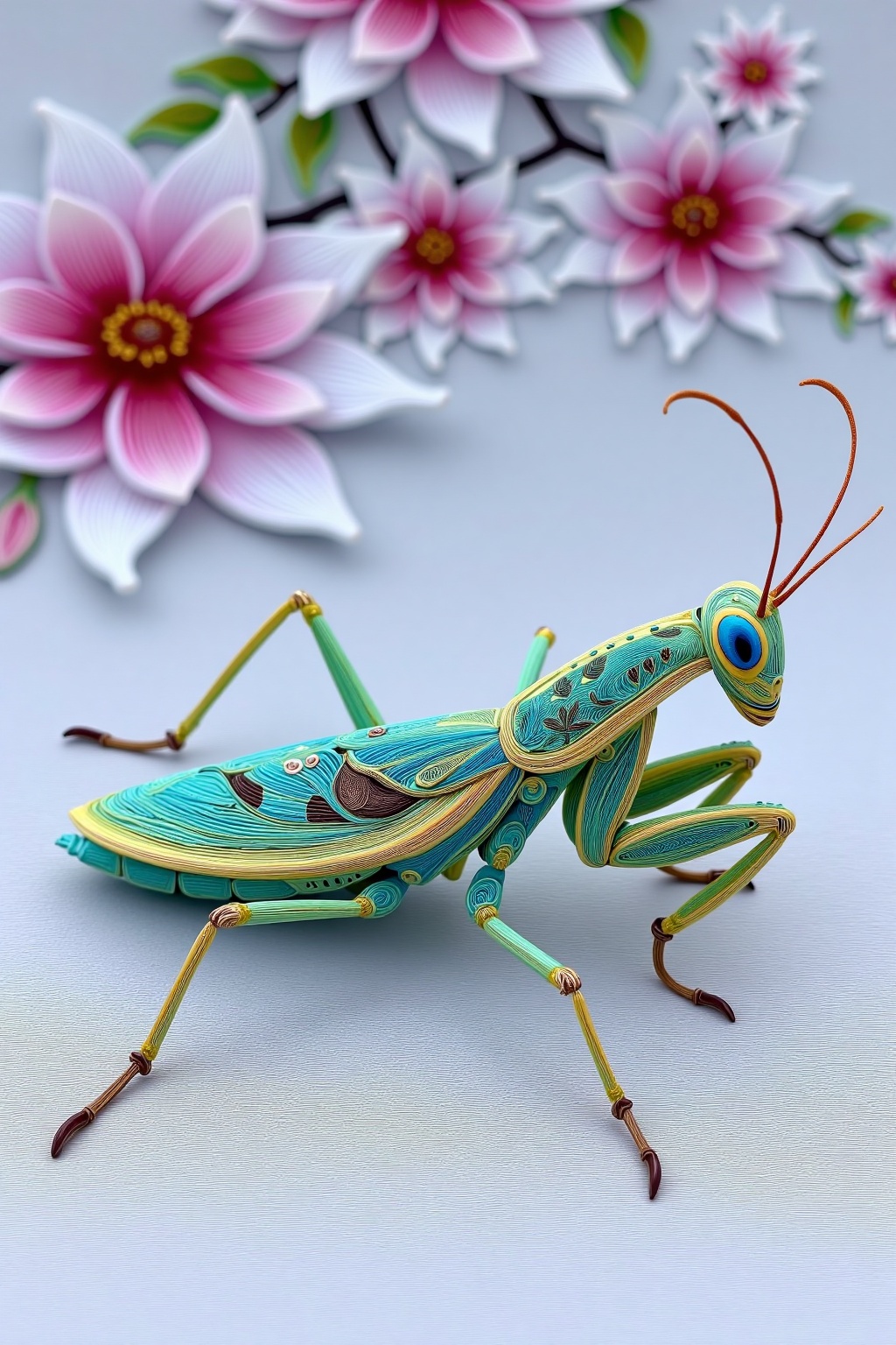 beijihui,a close-up shot of a grasshopper stands on a gray surface, adorned with gold-colored legs and a vibrant blue-green body. The insect's head is adorned with blue eyes, a yellow beak, and two long, thin brown horns protruding from its head, adding a pop of color to the otherwise monochromatic image. In the background, a backdrop of pink and white flowers is painted on a light gray background.