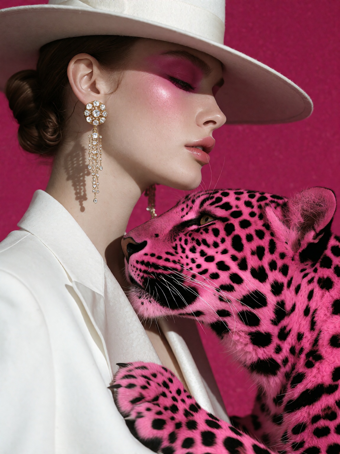 Profile portrait of a woman in a stark white suit and wide-brimmed hat,  vivid pink makeup,  bright pink leopard with blac...