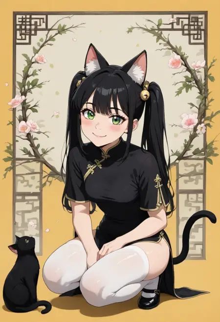 best quality, TemptingSenpai, masterpiece, highres, absurdres, very aesthetic, ultra-detailed, newest, high resolution, official style, detailed background, detailed face, detailed eyes, afterimage,, 1girl, solo, long_hair, looking_at_viewer, blush, smile, simple_background, white_background, black_hair, hair_ornament, dress, animal_ears, thighhighs, twintails, green_eyes, full_body, short_sleeves, sidelocks, shoes, cat_ears, white_thighhighs, black_dress, animal_ear_fluff, chinese_clothes, squatting, black_shoes, yellow_background, extra_ears, china_dress, two-tone_background, mary_janes, head_rest, floral_background, diamond_(shape), heel_up