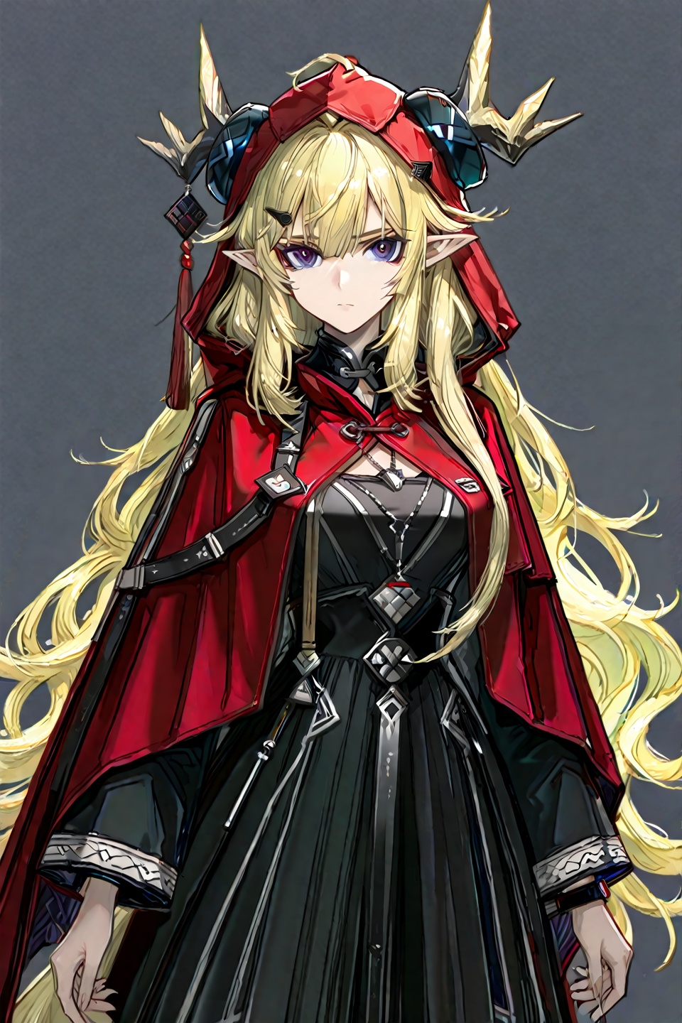 masterpiece, best quality,grey background,looking at viewer,SOLO,simple background,,  leizi\(arknights\),pointy_ears,hair_between_eyes,blonde_hair,messy_hair,breasts,bangs,purple eyes,very long hair,dragon horns,antlers,dragon tailclo_2,alternate costume,hood,cloak,red cloak<lora:leizi-惊蛰-ill:0.8>