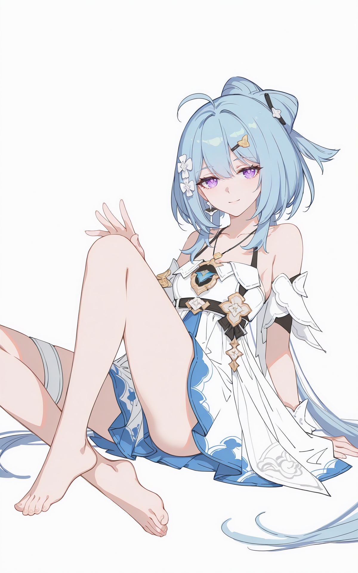 8k,best quality,masterpiece,(ultra-detailed),(high detailed skin),((artist:reoen),(artist:fuzichoco),(artist:atdan),(artist:torino_aqua),year 2024:0.8),[artist:wlop],[artist:ningen_mame],artist:ciloranko,[[artist:rhasta]],artist:tidsean,colorful,<lora:xl-ill-Griseo(Honkai Impact 3)-v1-000010:0.8>,griseo:xiamengruhui\(honkai impact 3\),1girl,solo,long hair,hair ornament,ahoge,blue hair,hair between eyes,purple eyes,smile,bare shoulders,dress,white dress,barefoot,<lora:NOOBAI_Simple Flat Coloring_v2-000027:0.8>,Simple Flat Coloring,sketch,line,simple background,white background,