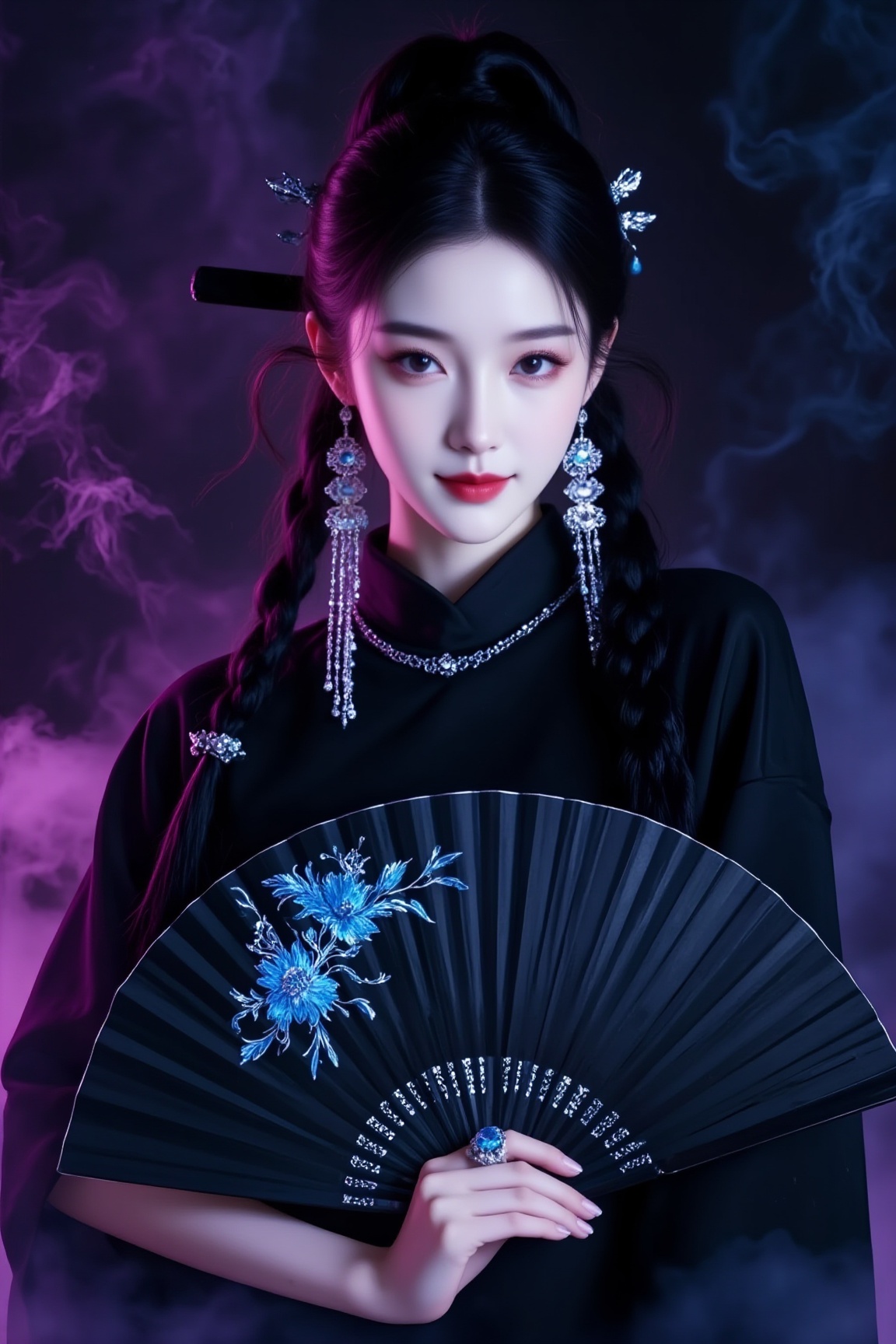 <lora:YY-拽姐F.1:1>, a young East Asian woman with fair skin and delicate features. She is standing against a dark, smoky background with a mystical, ethereal quality. Her hair is styled in two long, thick braids adorned with intricate silver hairpins. She wears a black traditional dress with a high collar and long sleeves, exuding a sense of elegance and refinement. Her expression is calm and composed, with a slight hint of a smile, her lips painted in a bold red. She holds a large, black folding fan with intricate blue floral designs in her right hand, and her left hand is adorned with a matching blue ring.The artwork is rich in detail, with the fan and her accessories reflecting light, creating a sense of depth and texture. The overall color palette is dominated by deep purples and blacks, with subtle hints of blue and silver. The smoky background adds a mystical and otherworldly atmosphere, enhancing the ethereal quality of the scene. The artwork combines traditional and modern elements, creating a visually striking and immersive experience.