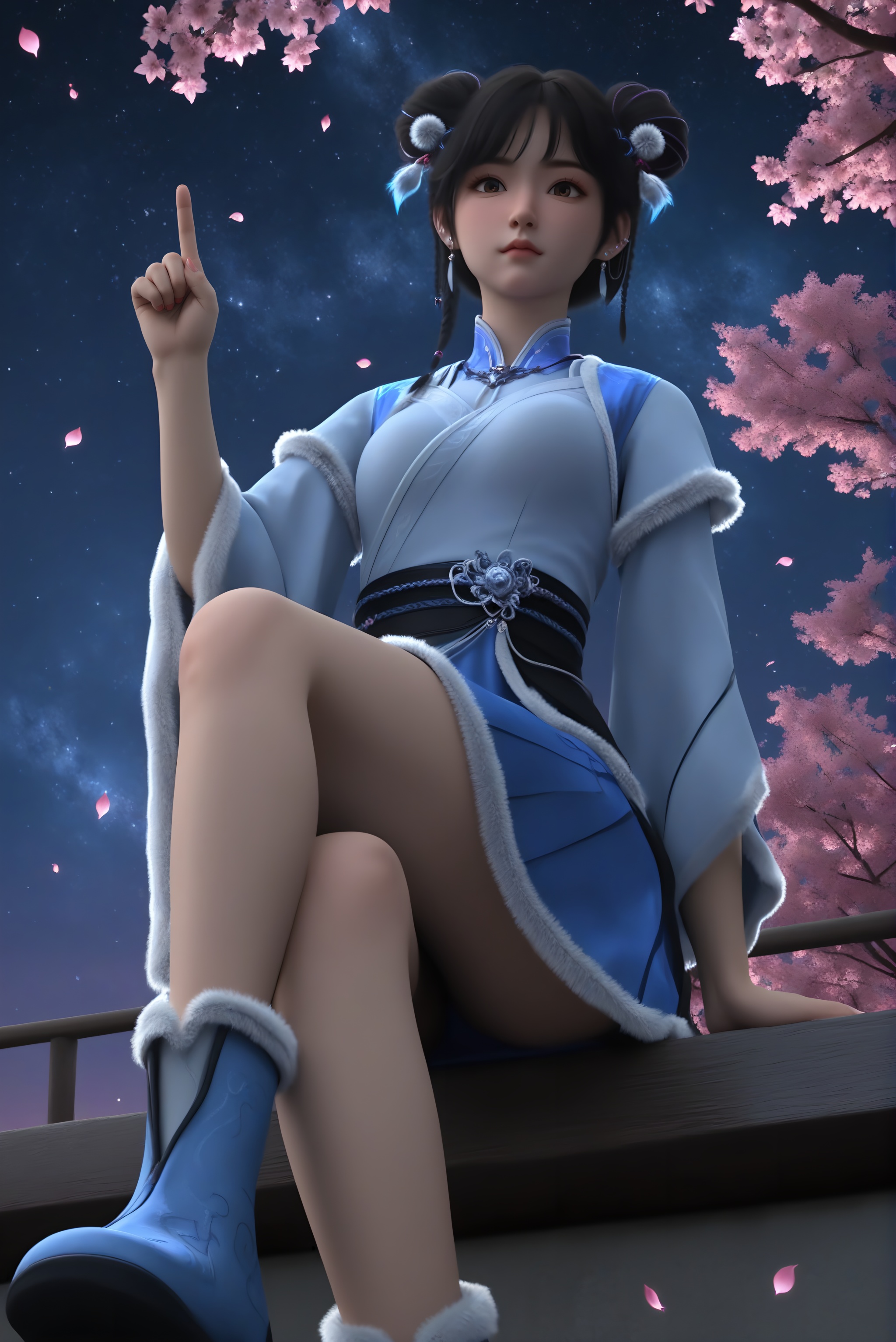 (score_9),slender,(glamor:1.1),1girl,solo,<lora:宁小龄pony:0.82>,black hair,braid,hair ornament,double bun,brown eyes,earrings,light blush,head tilt,jitome,high collar,blue-white gradient hanfu,chinese clothing,metal pendant,fur-trimmed boots,skirt,white fur-trimmed boots,(pointing_at_viewer),pointing,(index_finger_raised),sitting,from below,(pov front low view),crossed legs,one hand up,BREAKdepth of field,Volumetric Lighting,Tyndall effect,Cinematic Lighting,twig,branch,falling petals,starry_sky,hyper_galaxy,handrail,