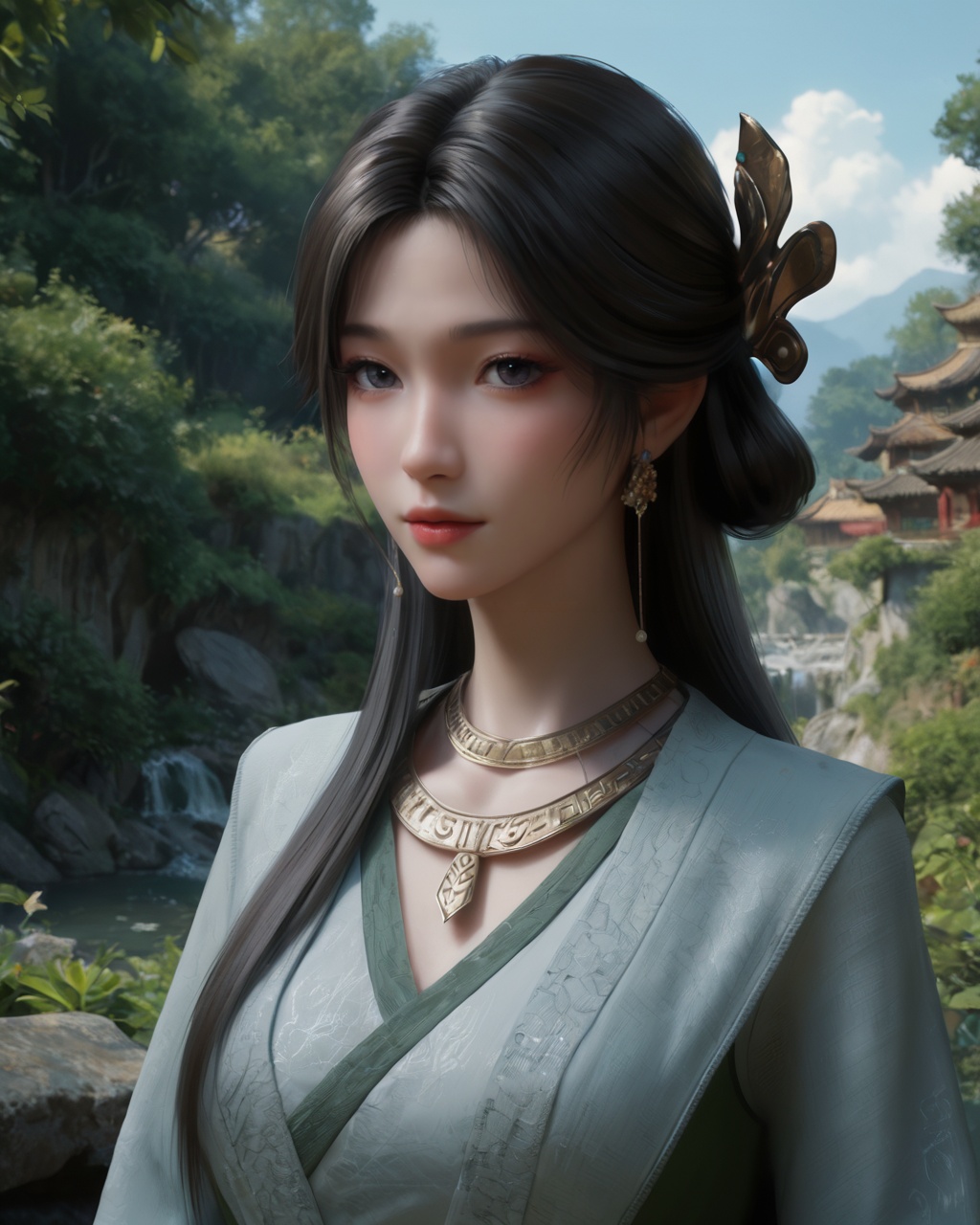 score_9,score_8_up,score_7_up,detailed face,detailed body,outdoors,upper body,<lora:Pony-梅凝-正式版v1:1>,1girl,meining,black hair,long hair,jewelry,hair ornament,earrings,necklace,hanfu,looking at viewer,