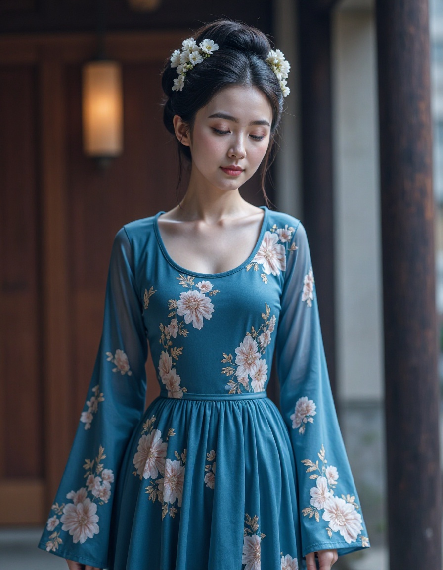 cinematic, 1girl,full body,realistic,blue chinese dress,