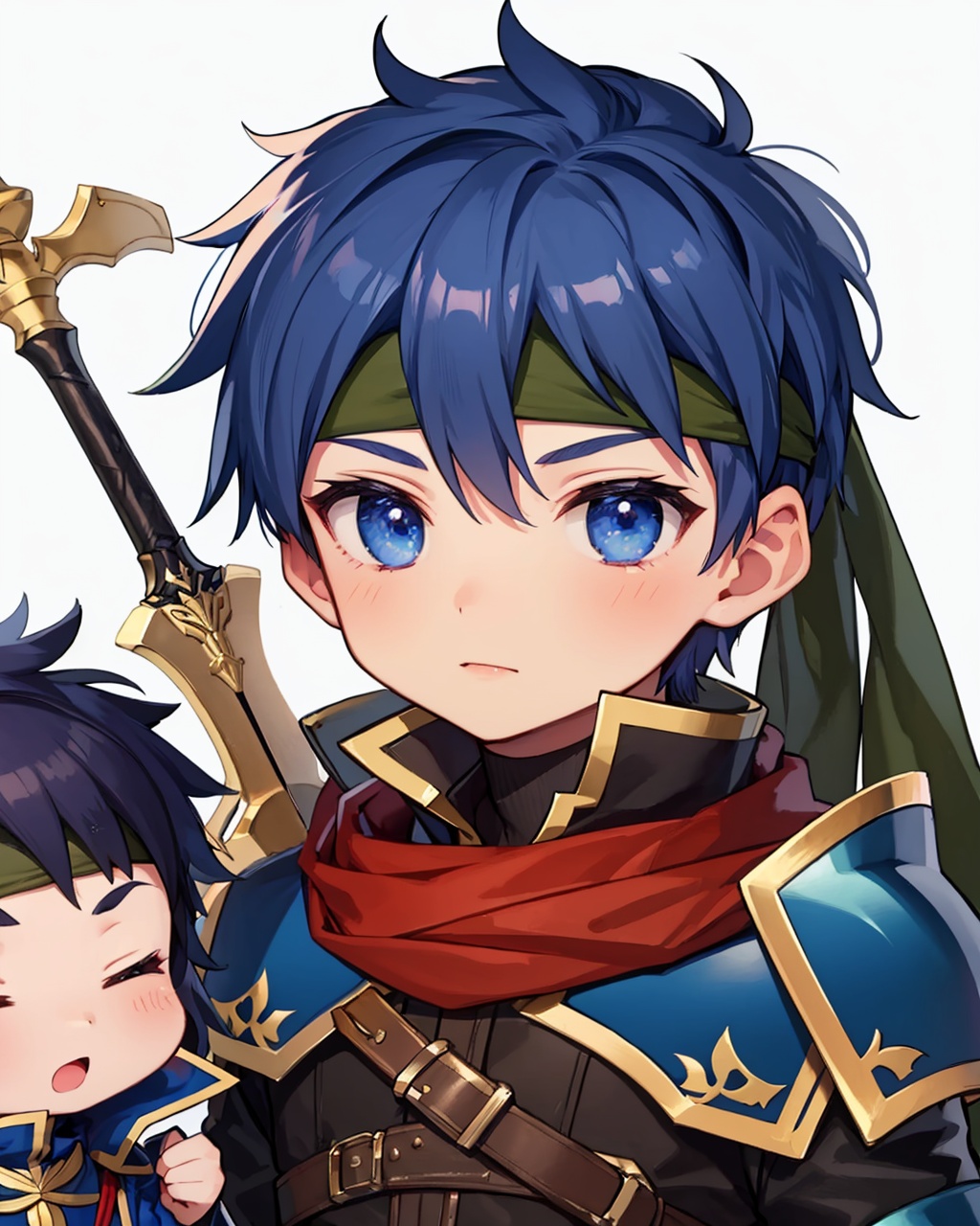 masterpiece,best quality, highly detailed, ike (fire emblem), sword, cape, headband, gloves, male focus, armor, mask, 2boys, chibi,<lora:ike_(fire_emblem):1>