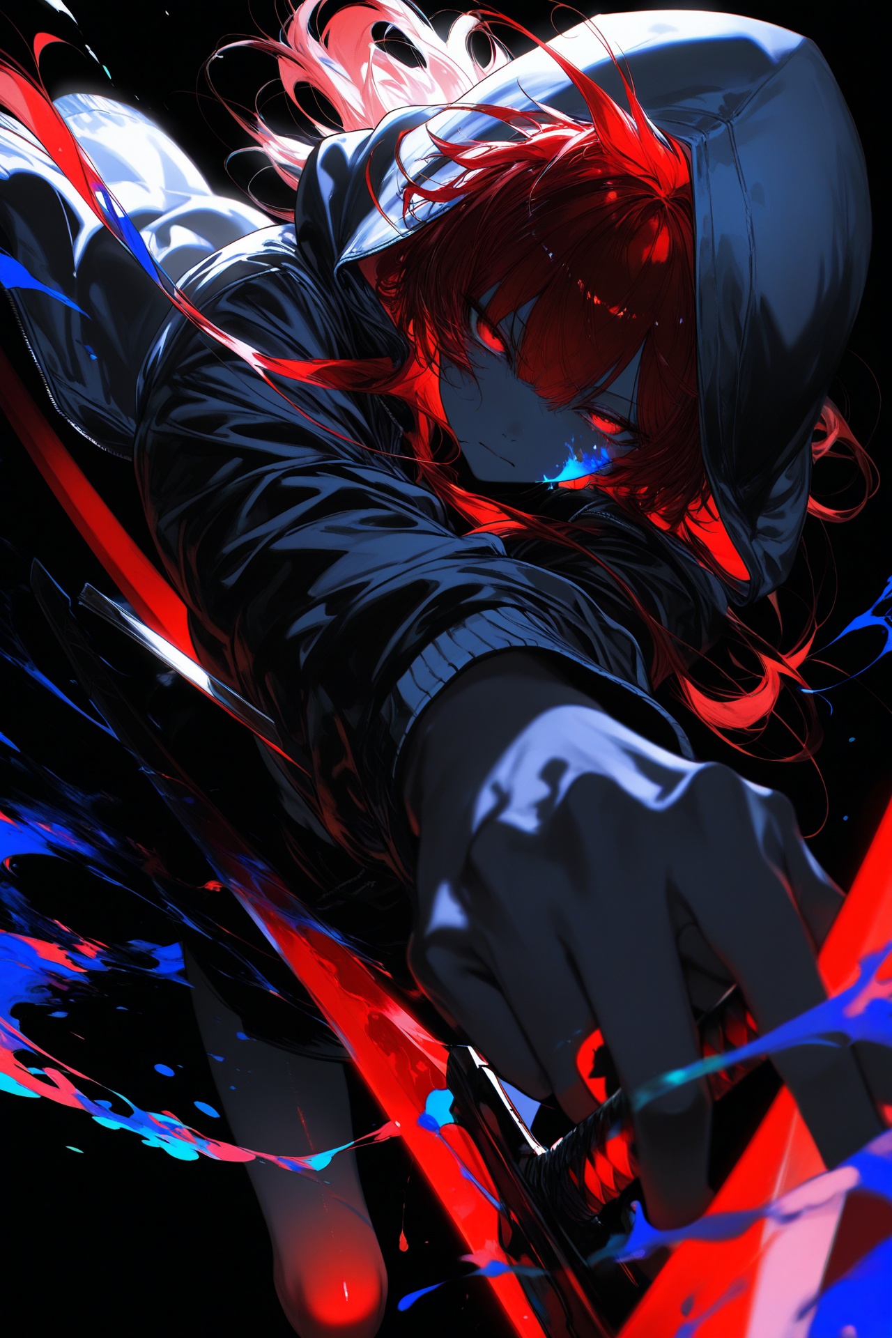 masterpiece,best quality,amazing quality,very aesthetic,absurdres,newest,(yoneyama mai),(noyu (noyu23386566)),(wanke:1.1),(senpen:1.1),lineart,monochrome,(red sword:1.2),(fighting stance:1.2),(disheveled hair:1.1),(dark theme:1.2),chiaroscuro,foreshortening,(colorful splashes:1.1),(shining:1.1),(focus on face:1.1),Glowing skin,Strong contrast,long sleeves,simple background,red eyes,weapon,hood,black background,sword,hooded jacket,jacket,hood up,red long hair,glowing,half-closed eyes,looking at viewer,