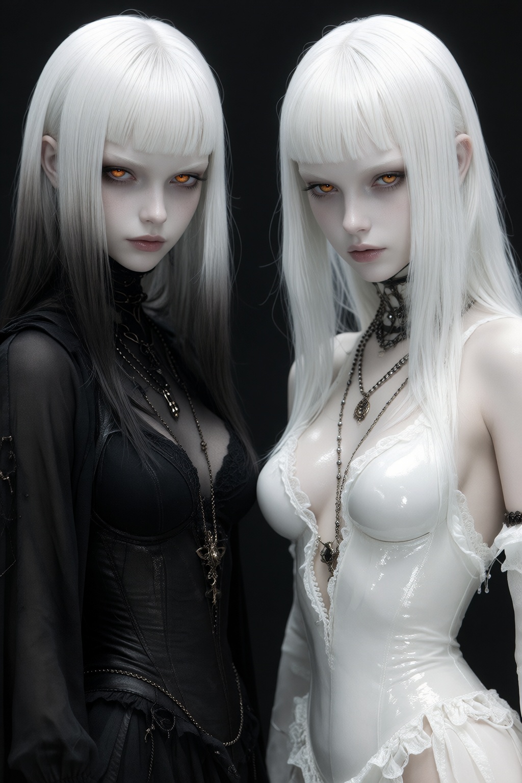 Two hyper-realistic 3D female figures with pale porcelain skin and glowing amber eyes,  stark white straight hair with blu...