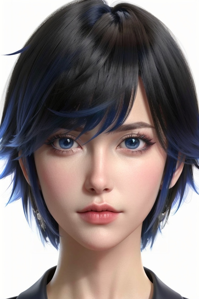 ((HRD, HUD, 8K)),((masterpiece, best quality)), highly detailed,1girl, solo, blue eyes, black hair, blue hair, short hair, multicolored hair, bangs, lips, face, white background, looking at viewer,  <lora:20240315-1710510343817:0.9>
