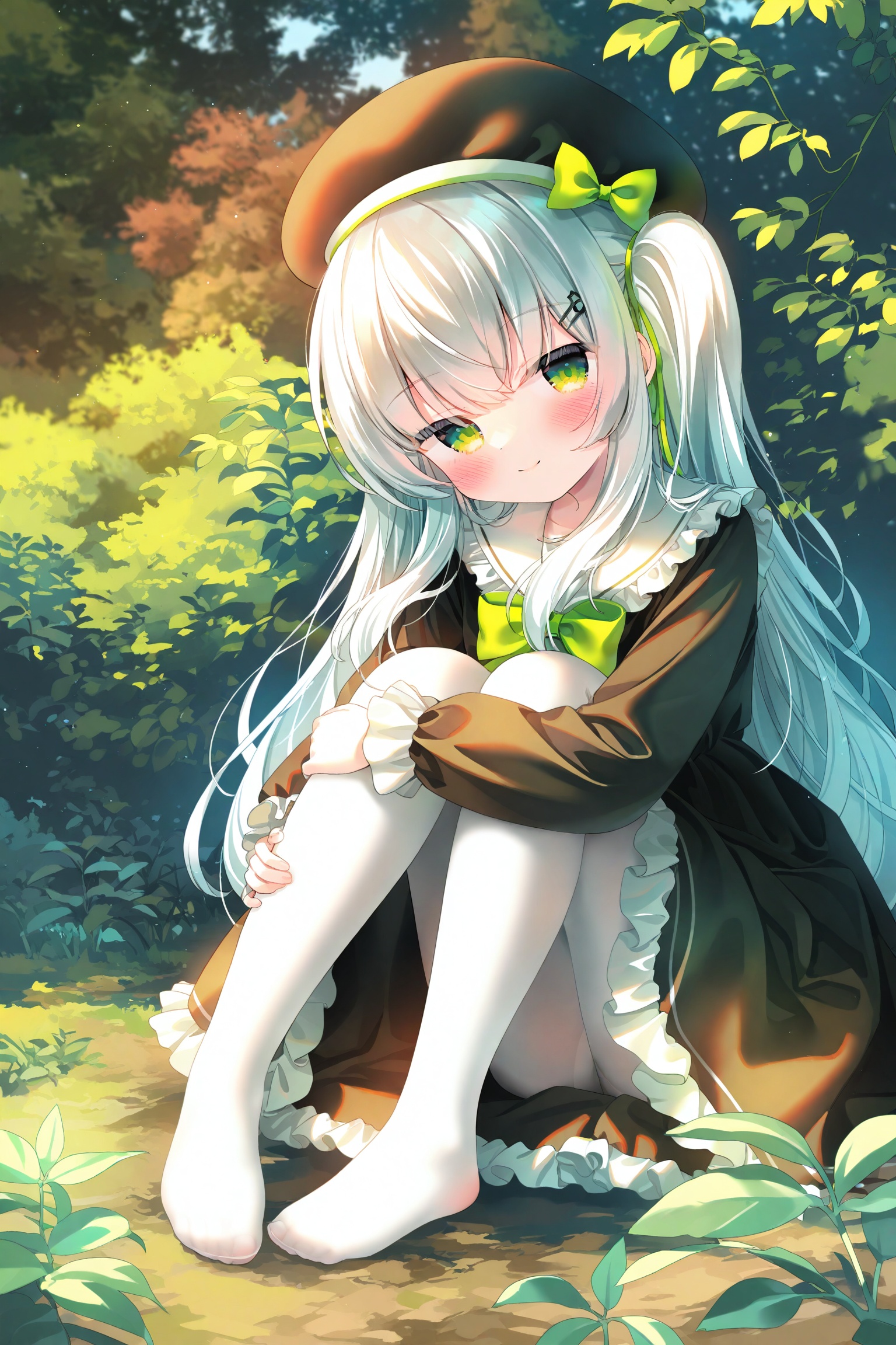 best,1girl,pantyhose,green eyes,solo,white pantyhose,hat,outdoors,tree,smile,no shoes,long hair,looking at viewer,dress,bow,blush,sitting,beret,frills,hugging own legs,white hair,feet,hair ornament,closed mouth,knees up,frilled dress,black headwear,black dress,hat bow,day,plant,long sleeves,grey hair,ribbon,green bow,toes,full body,very long hair,frilled shirt collar,one side up,musical note hair ornament,legs,frilled sailor collar,hairclip,musical note,hair between eyes,on ground,hair ribbon,grass,head tilt,leaf,nature,hair bow,brown headwear,bowtie,side ponytail,bush,green ribbon,hat ribbon,forest,thighband pantyhose,sailor dress,yellow bow,<lora:gzc3lokr-000037:0.8>,