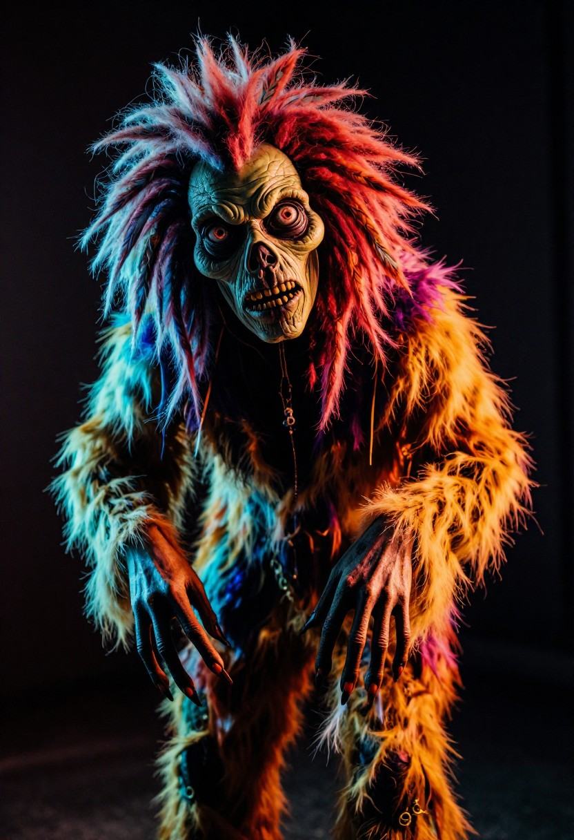 tot_halloween,  Photograph of a scary zombie with crazy fluffy fur,  facing the camera. The zombie has vibrant psychedelic...