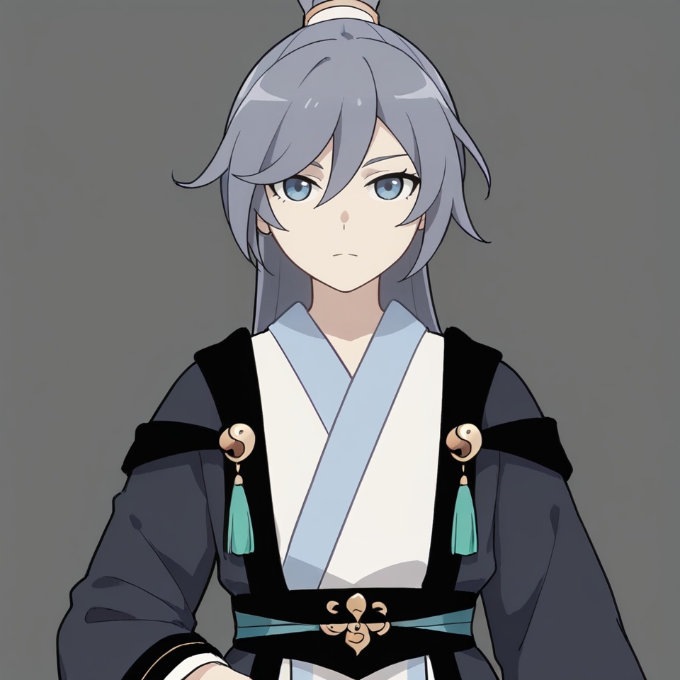 masterpiece, best quality,grey background,looking at viewer,SOLO,simple background,    canzhuo_style, fu_hua, ponytail, hanfu, long sleeves,ornament,Chinese clothes,taoist robes, boots,gold_trim,jewelry,Tassel<lora:餐桌道袍-ill2pro-e1:0.8>