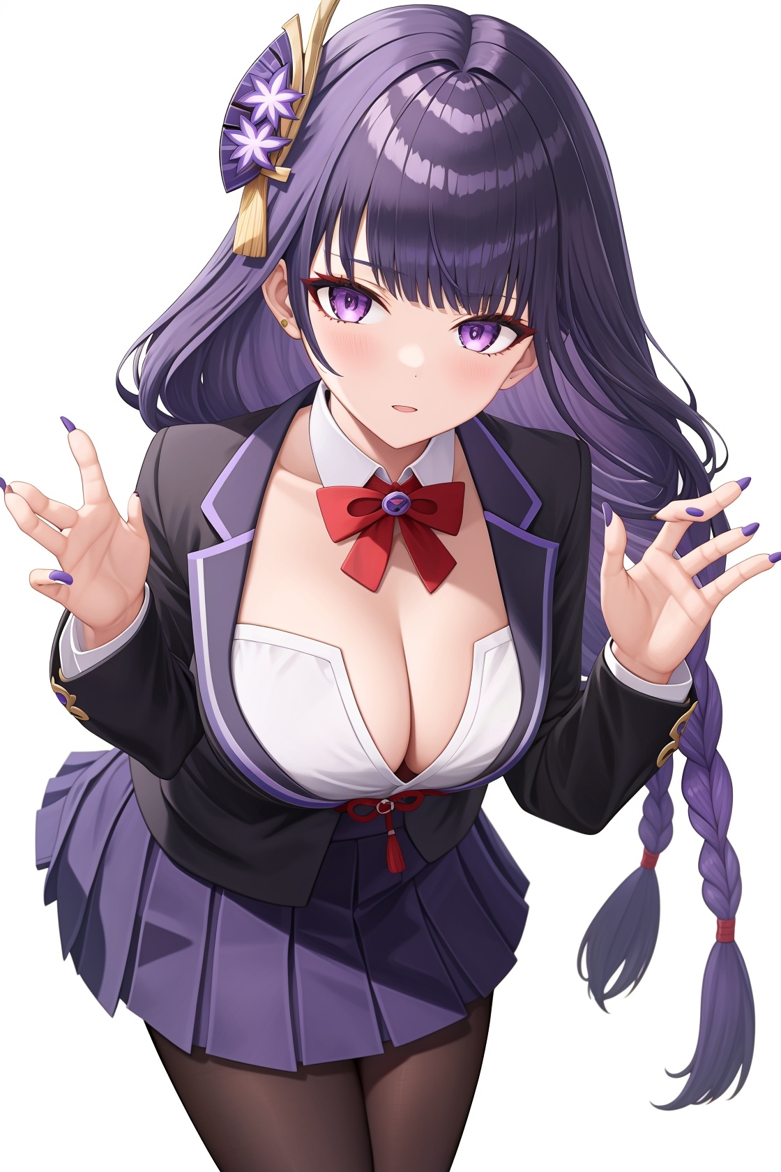 <lora:雷军v2-000009:1:lbw=char>,1girl,raiden shogun,cleavage,high quality,purple nails,<lora:origin_v2.0_locon_test4_detail:0.6>,black pantyhose,school uniform,, (masterpiece,best quality:1.2),absurdres, high quality,