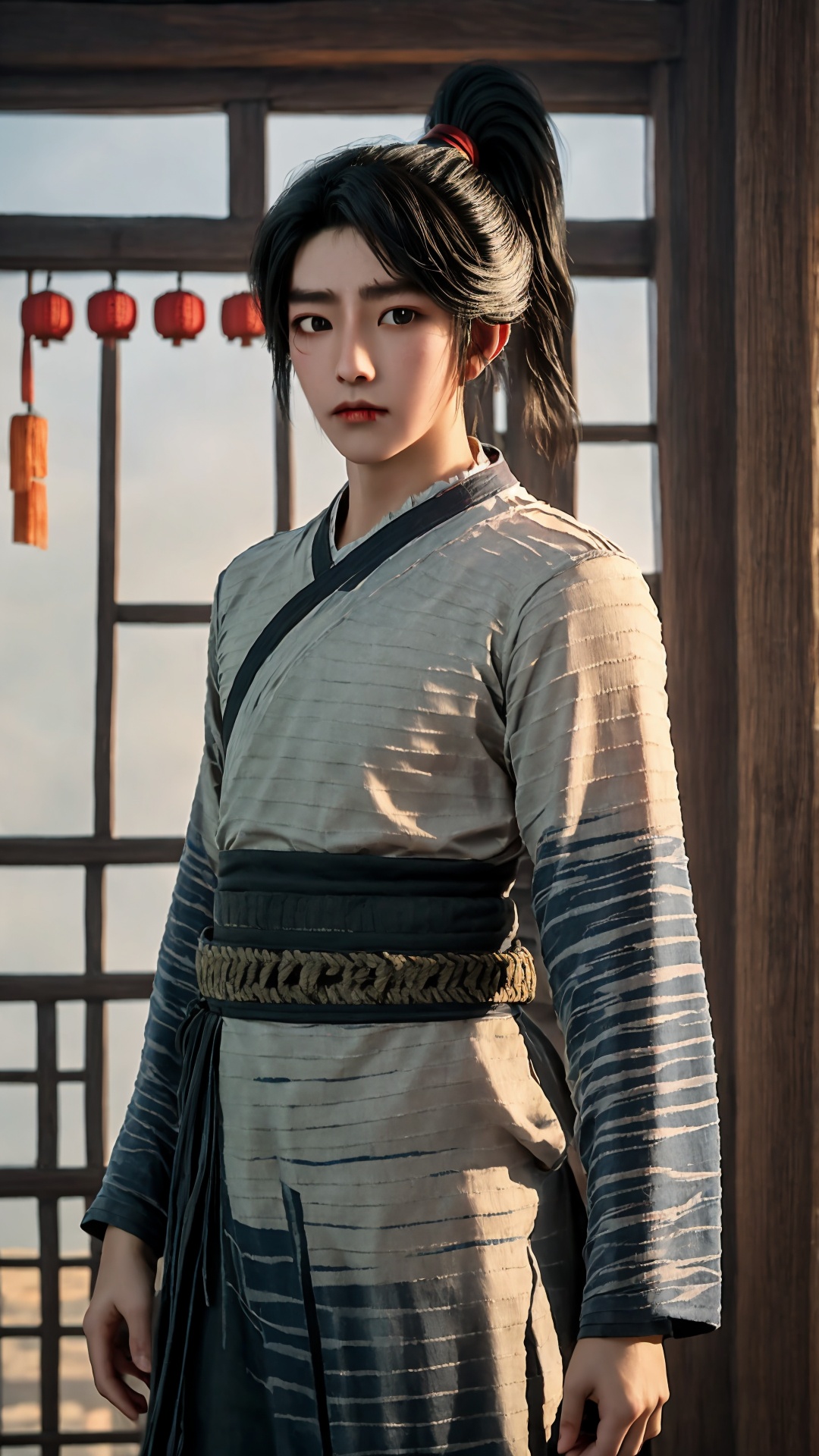 solo,blurry background,black hair,looking at viewer,realistic,black eyes,lips,closed mouth,scar,short hair,ponytail,day,<lora:Chenpingan Boy_20240906021908:0.8>,1boy,<lora:20240601-1717253745719:0.7>,<lora:美颜lora:0.6>,old,ponytail,cowboy_shot,medium_shot,<lora:hanfu_20231118200453:0.8>,flowers meadows,turret,chinese_style_loft,