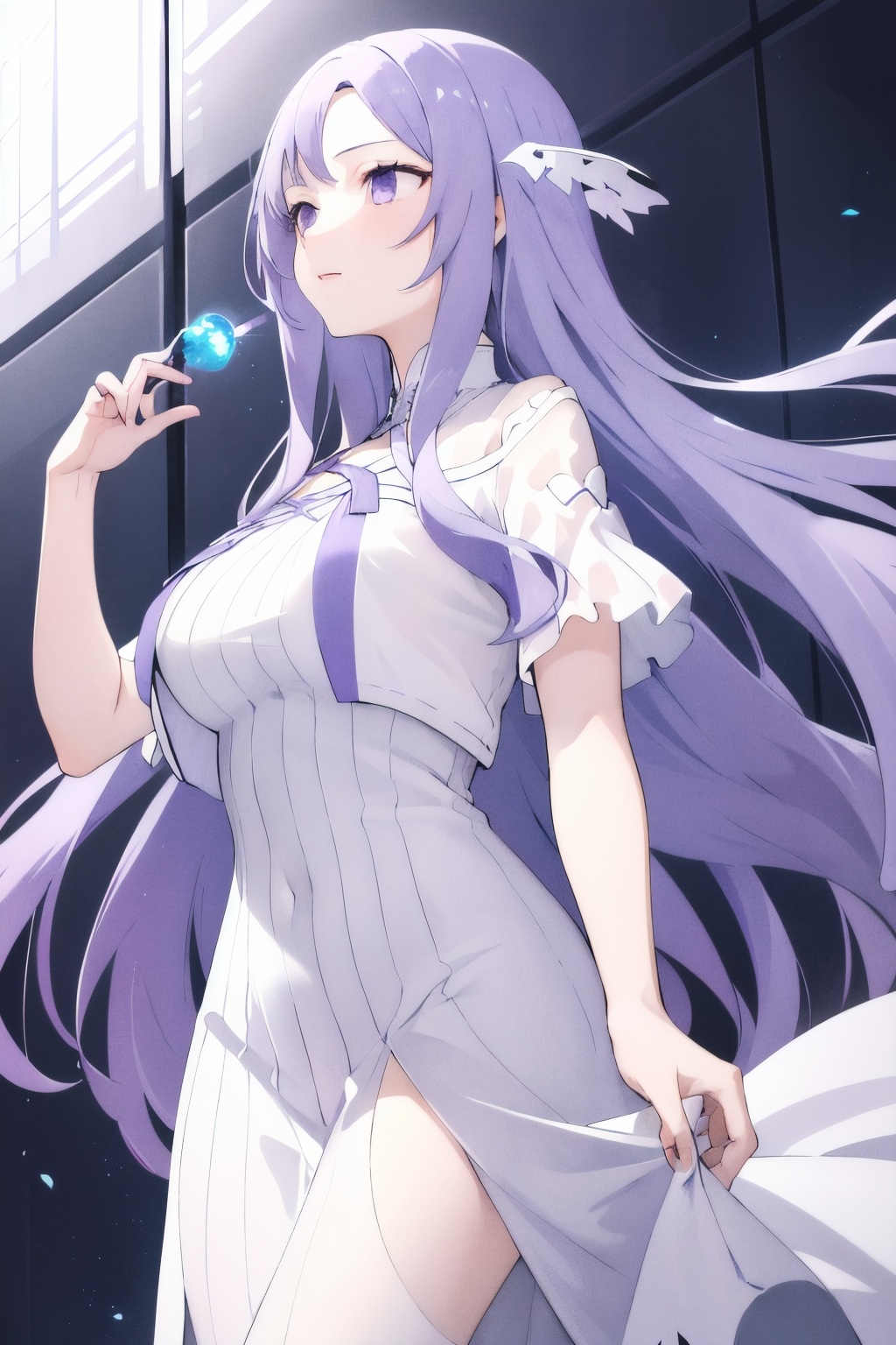 1girl, solo, very long hair, light purple hair, swept bangs, purple eyes, white dress, long dress, floating hair, short sleeves, large breasts, quinella, quinella_(SAO),<lora:lbc_quinella_(sao)24324_v1.0:1>,