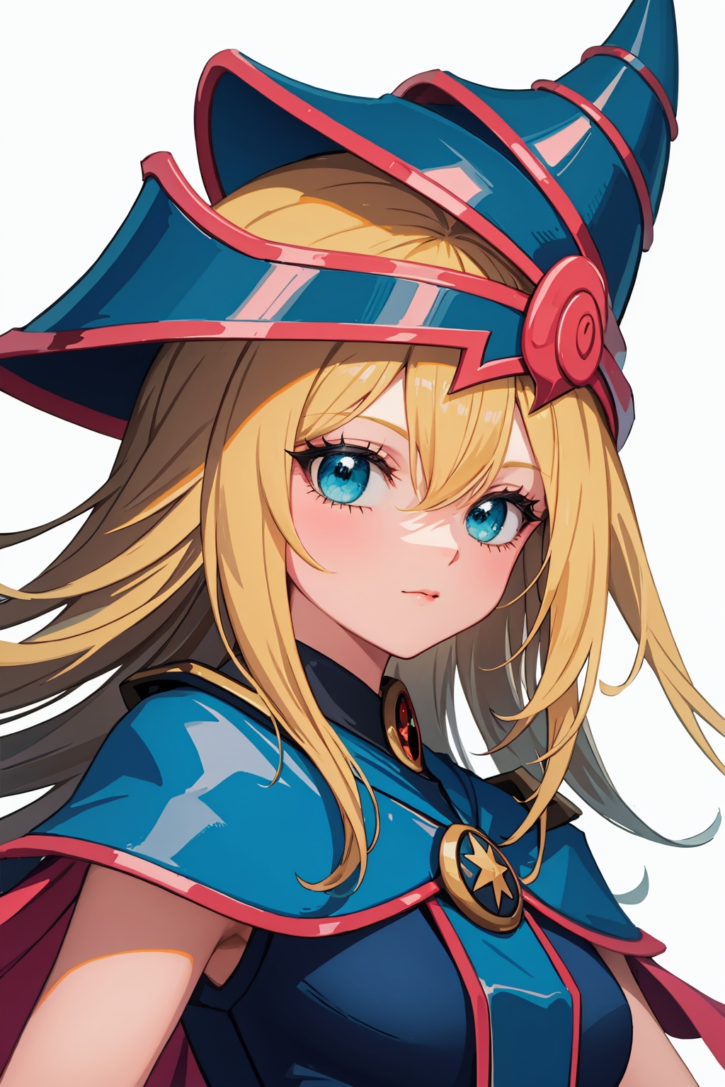 masterpiece,best quality, highly detailed, portrait,close-up,upper body,dark magician girl,1girl,solo,duel monster,wizard hat<lora:dark_magician_girl:1>,simple background,white background,