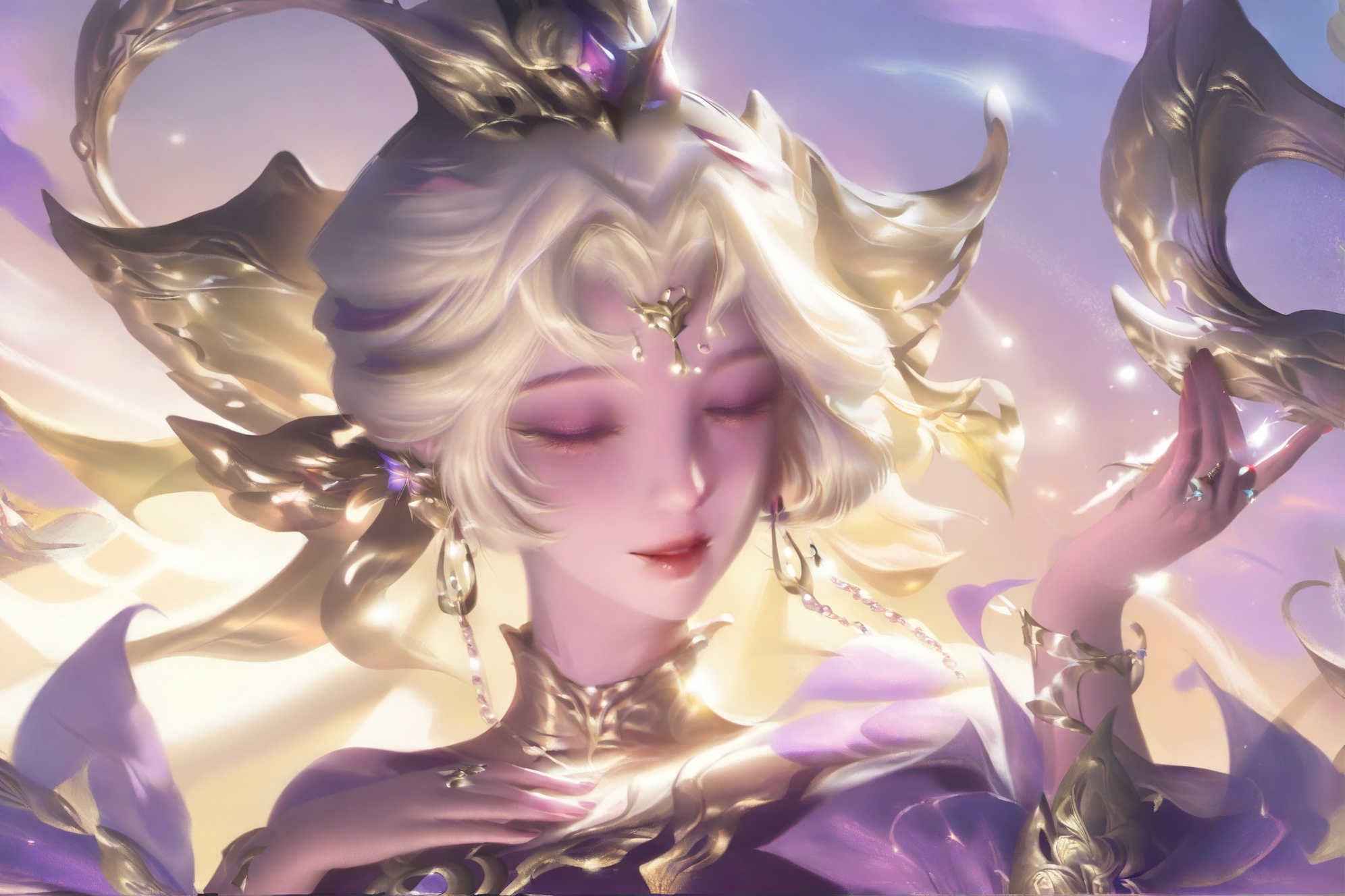 ,mmtouxiang,191,Beautiful hands,eyes closed,a beautiful anime-style game character portrait,a long-haired goddess,she wears exquisite accessories such as earrings,crowns,necklaces,rings and bracelets,dressed in platinum and purple,holding her hands in front of her chest,holding a gemstone that symbolizes power,the shape of the twelve constellations,with golden details embellished on it,the character has pink skin,she is simple and elegant,and the exquisite details add to the overall charm,the background is purple,and the game art design in fantasy style,