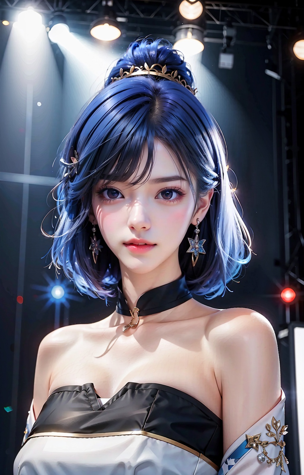 a woman with blue hair and a black and white outfit on a runway with lights behind her and a spotlight behind her,Ayami Kojima,fashion,a statue,bauhaus,absurdres,highres,wallpaper,colorful,thick eyebrows,pupils,bright_pupils,makeup,eyeshadow,lipstick,long_eyelashes,mascara,face_focus,eyes_focus,front view,looking_at_viewer,<lora:王者荣耀-镜:0.9>,