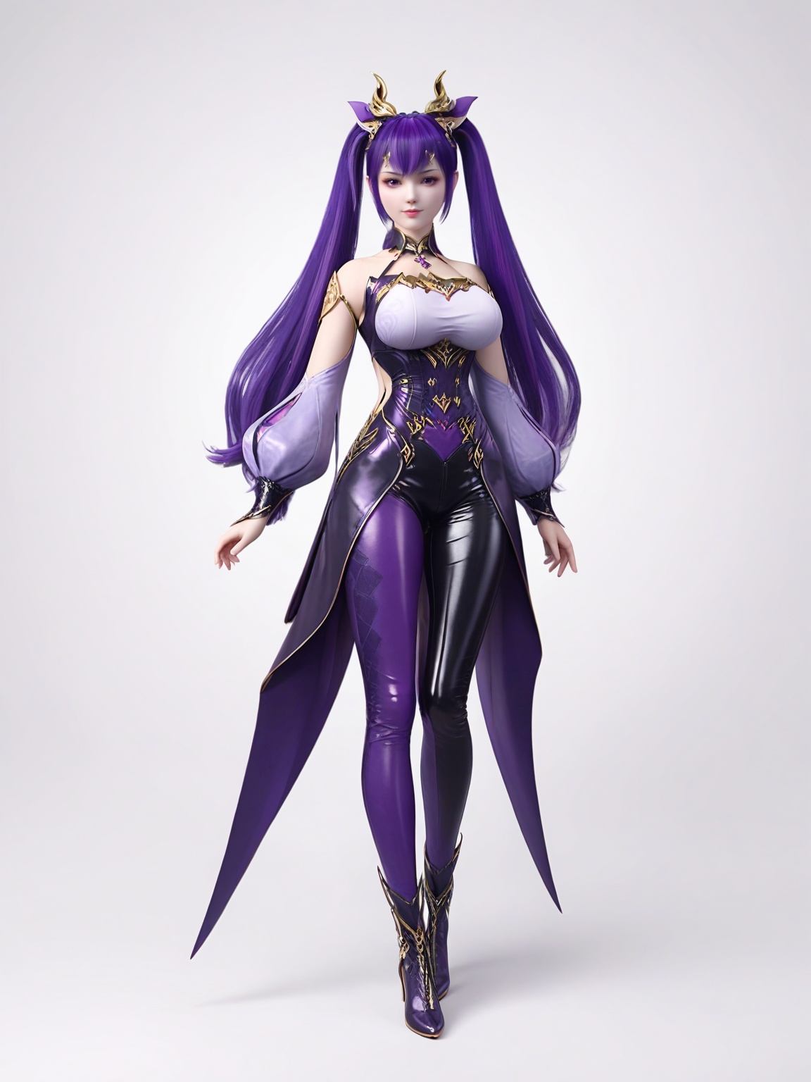 score_9,<lora:SF_ZiYan_Da_Pony_Realism2.3-000003:0.7>,1girl,solo,dress,bangs,purple hair,twintails,leather pants,large breasts,multicolored pants,full body,detached sleeves,hair ornament,standing,looking at viewer,white background,