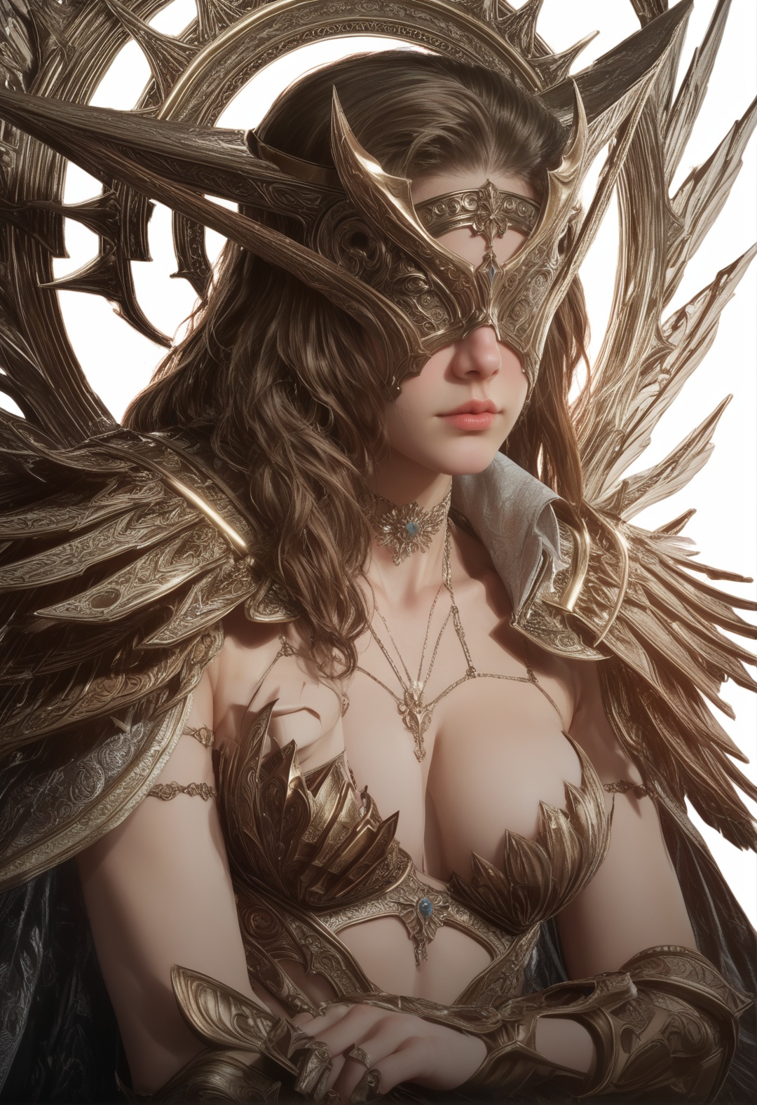 supermodel,score_8_up,score_7_up,hyperdetailed,hyperrealistic,volumetric lighting,focus on face,textured skin,eye lighting,SkinHairDetail,zPDXL,intricate and refined delicate details,unreal engine,very attractive,ultra high res,Expressiveh,realistic skin,score_9,score_8_up,score_9,score_8_up,1 girls,high cold face,yujie,breasts,jewelry,best quality,<lora:77duy:0.8>,armor,breasts,brown hair,cleavage,covered eyes,long hair,necklace,shoulder armor,white background,wings,sit on the sofa,full body,