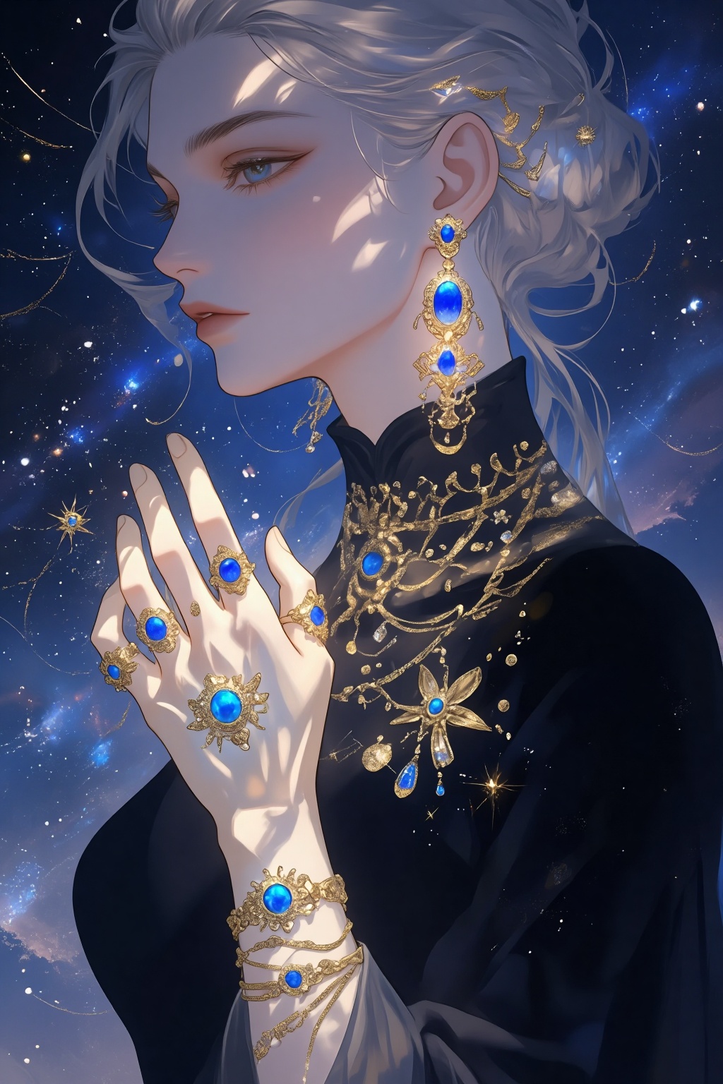ZOZ_SUMIAOHH,ZOZ_SUMIAOMIAO,a digital illustration shoot from a profile camera angle about a woman with elegant attire adorned with luxurious jewelry,set against a cosmic background,the image also shows intricate details and a dreamy atmosphere,on the middle of the image,a woman appears to be in her early twenties,with light skin,closed eyes,and a serene expression,she is facing away from the viewer,with her upper body visible,her hair is styled in an elegant manner,and she is wearing a black dress with a high collar,her hands are adorned with gold and blue jewelry,including earrings,rings,and bracelets,the womans eyes are closed,and her lips are slightly parted,giving a sense of calmness,the background is a starry night sky with a deep blue hue,and the image has a soft,ethereal quality,