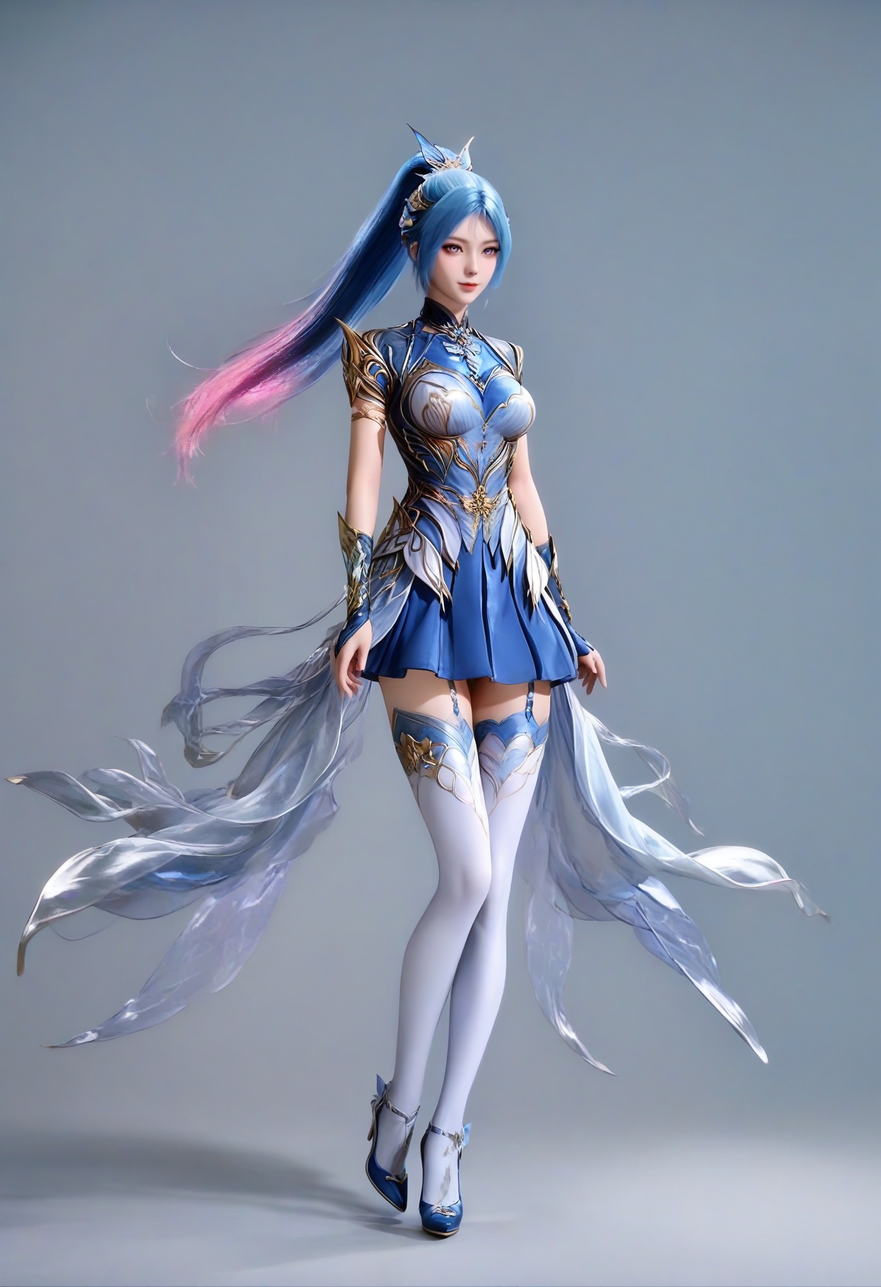 air_skin,white_skin,score_9,<lora:SF_WangQiuErArmor_Pony_Realism2.3-000003:0.7>,dress,hair ornament,blue  hair,ponytail,multicolored hair,1girl,breasts,medium breasts,thighhighs,blue skirt,solo,standing,looking at viewer,simple background,full body,high heels,