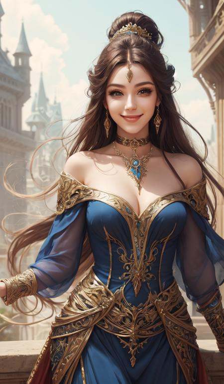 photo of a gorgeous female sorceress, looking at camera, D&D, choker on neck, stylish dress, very long flowing hair, intricate, elegant, stylish, cute smile, fantasy, extremely detailed,