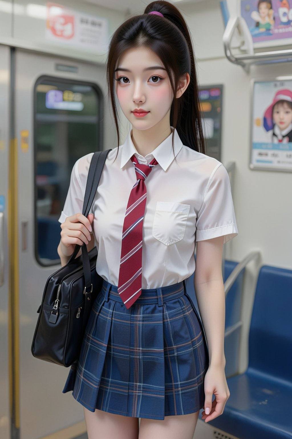 A photograph of an Asian woman with fair skin,  standing on a subway train. She has straight black hair tied in a high pon...